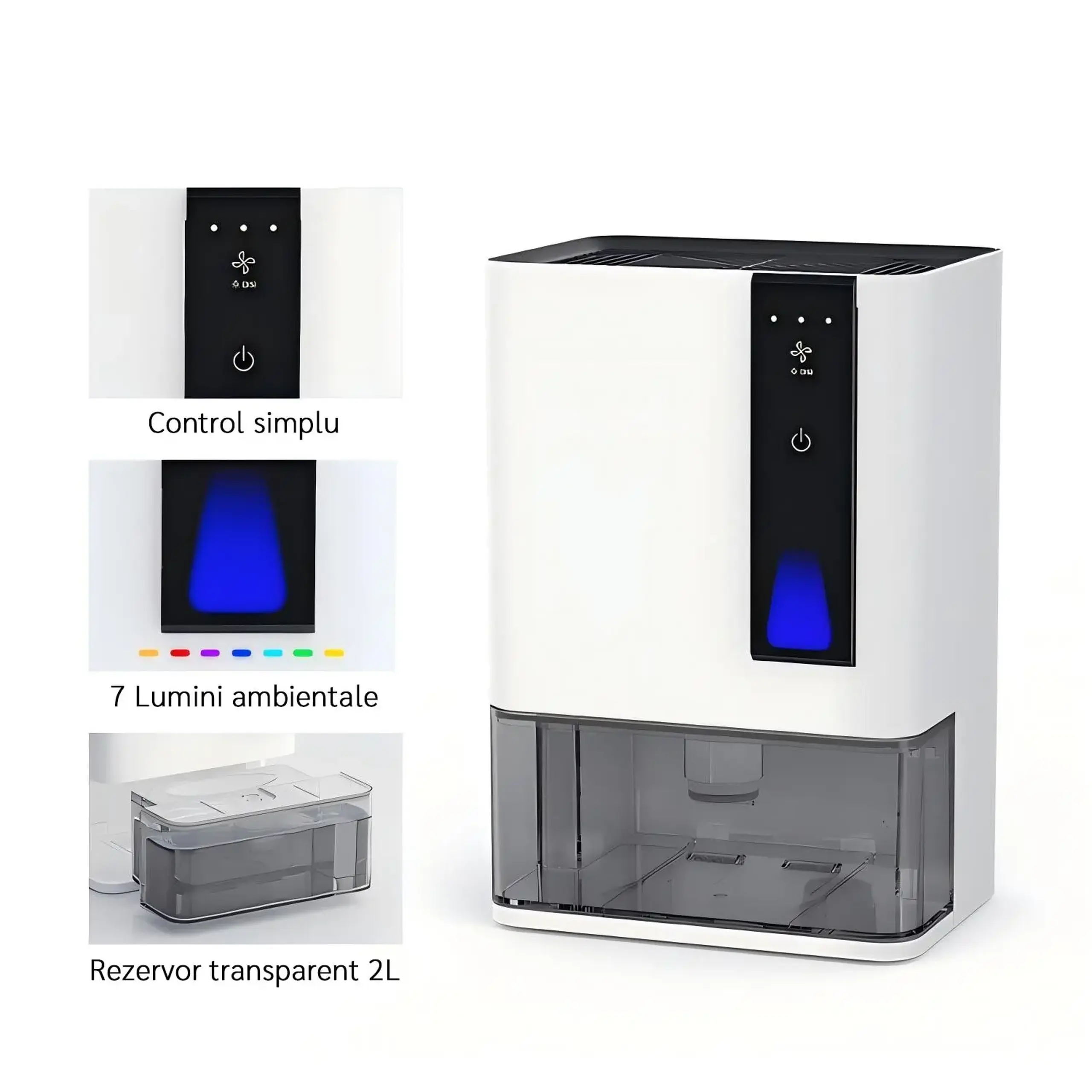 Dezumidificator Evoair HIDRY PLUS, 900ml/24h, Lumina ambientala in 7 culori, Rezervor 1.9l, 3 Viteze, Functie Auto Dezghetare, Alb