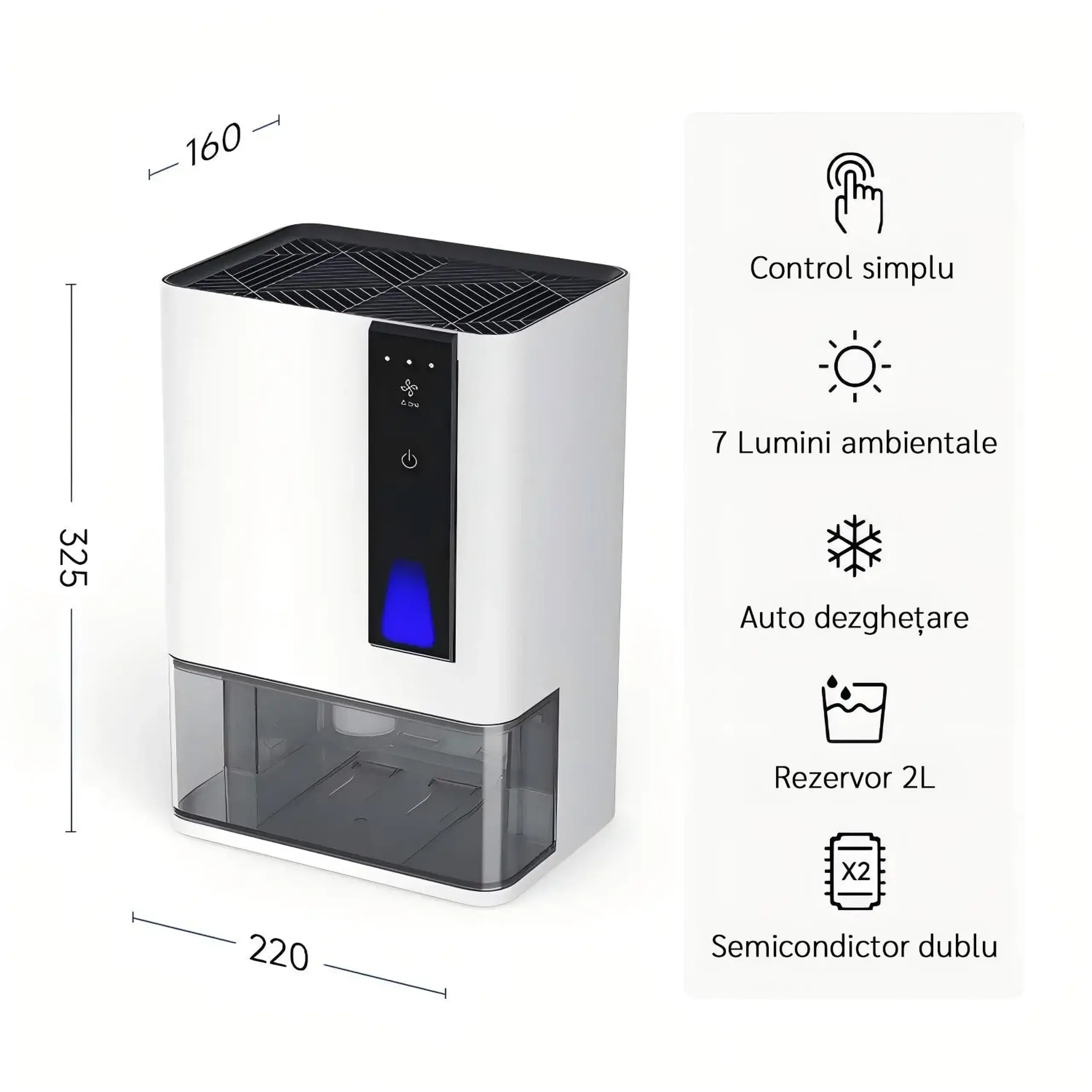 Dezumidificator Evoair HIDRY PLUS, 900ml/24h, Lumina ambientala in 7 culori, Rezervor 1.9l, 3 Viteze, Functie Auto Dezghetare, Alb