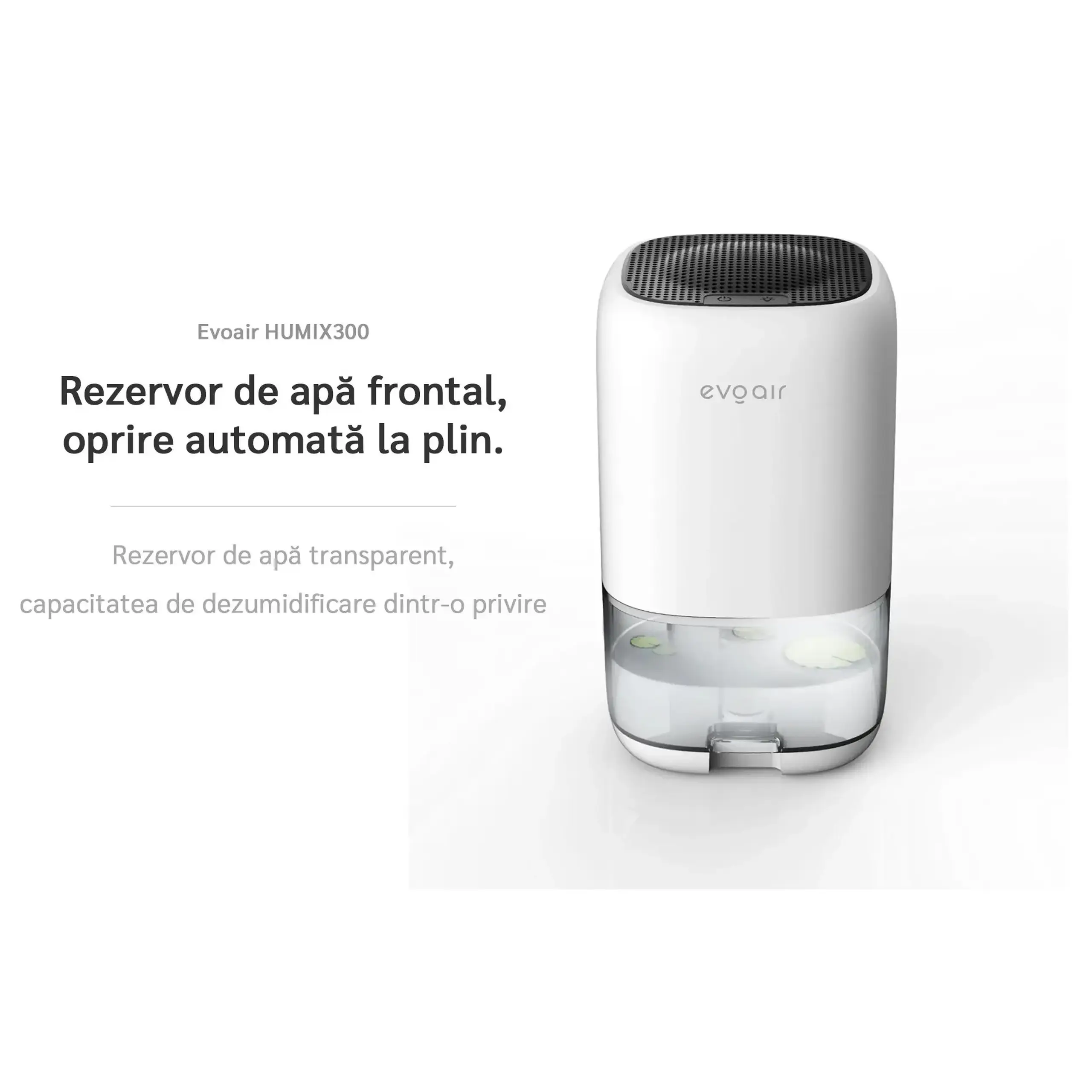 Dezumidificator aer Evoair HUMIX300, 300ml/24h, Silentios, Lumina Ambientala in 7 culori, Rezervor 1l, Alb