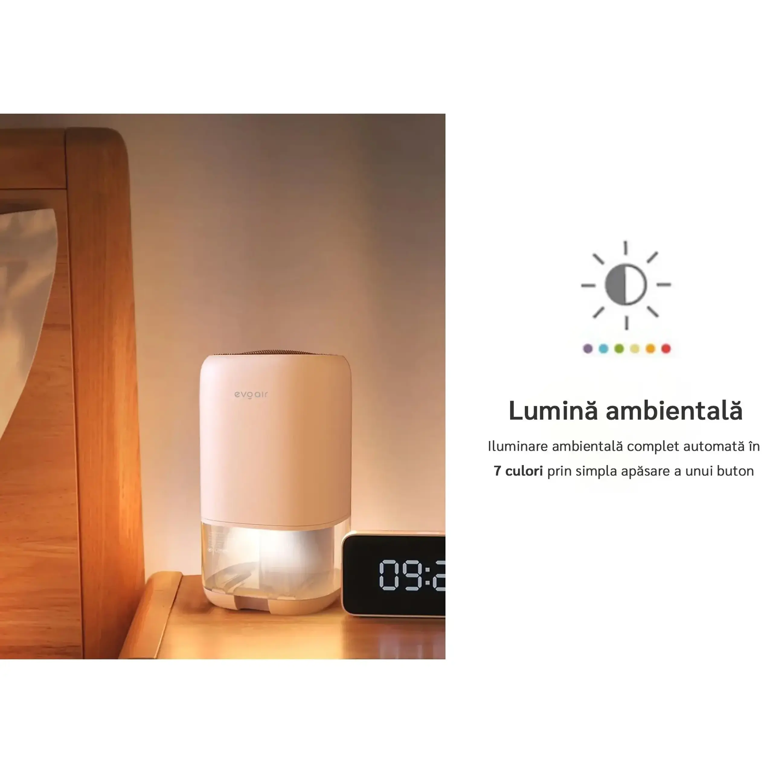 Dezumidificator aer Evoair HUMIX300, 300ml/24h, Silentios, Lumina Ambientala in 7 culori, Rezervor 1l, Alb