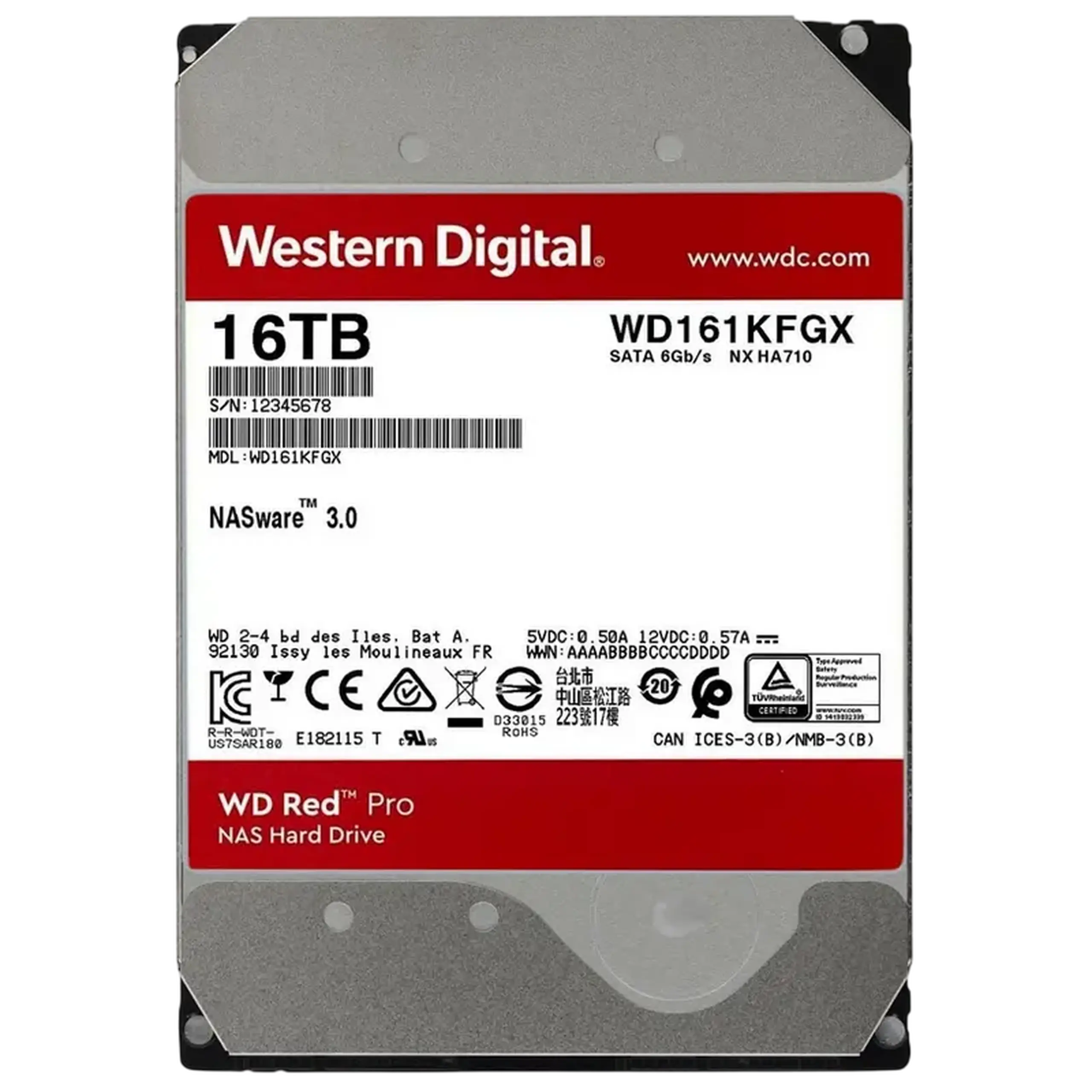 HDD de 3,5" 16,0TB - SATA - 512MB Western Digital "Red Pro (WD161KFGX)", NAS, 24/7, CMR, 7200 rpm, 2,5 M (MT
