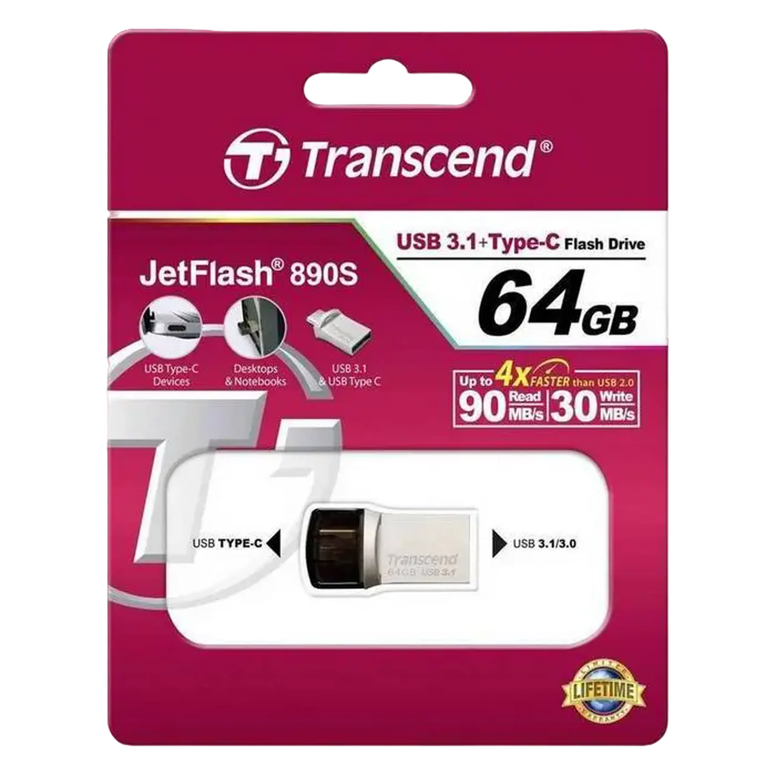 Unitate Flash USB3.1/Type - C de 64 GB Transcend „JetFlash 890”, argintiu, carcasă metalică, OTG (R/W:90/30MB/s)
