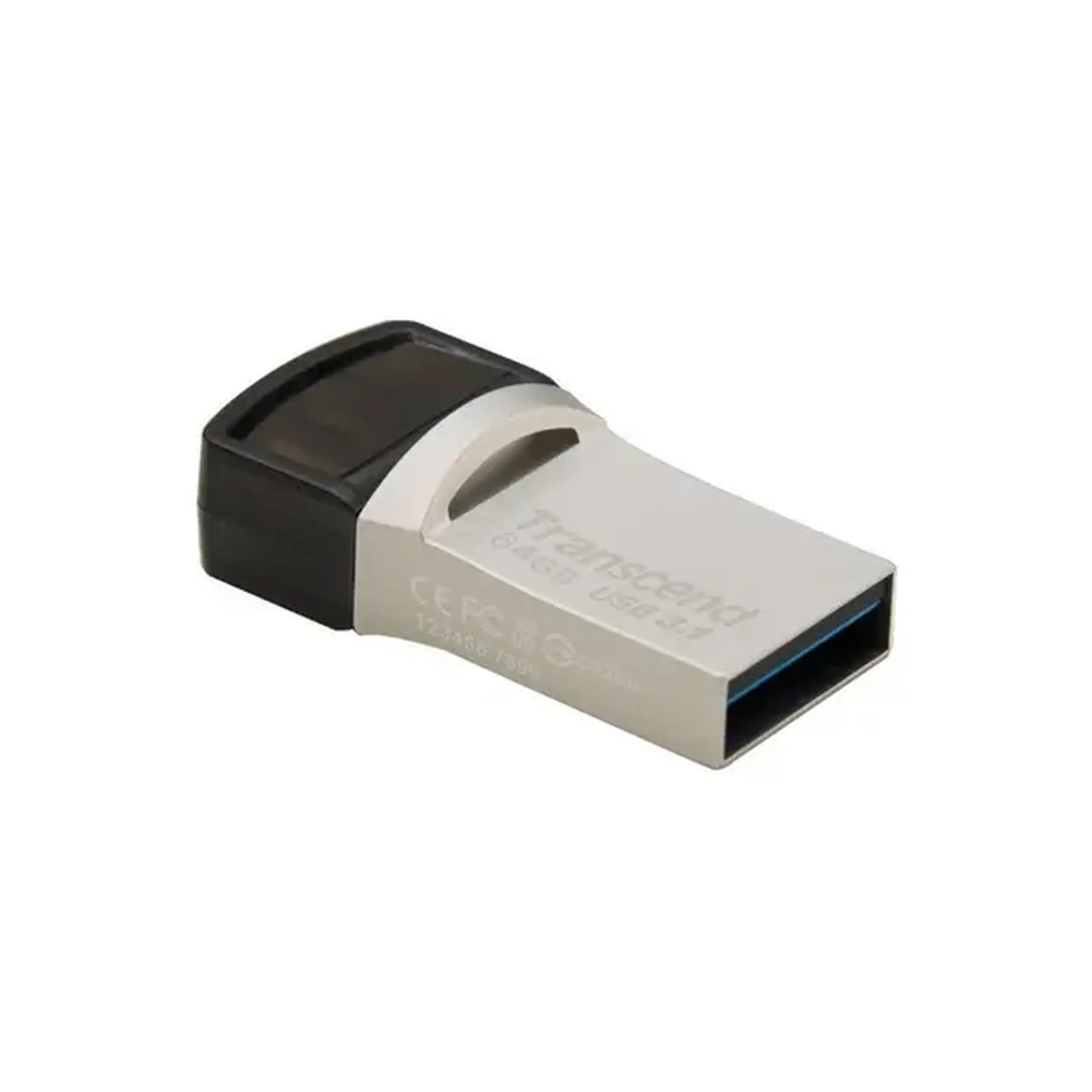 Unitate Flash USB3.1/Type - C de 64 GB Transcend „JetFlash 890”, argintiu, carcasă metalică, OTG (R/W:90/30MB/s)