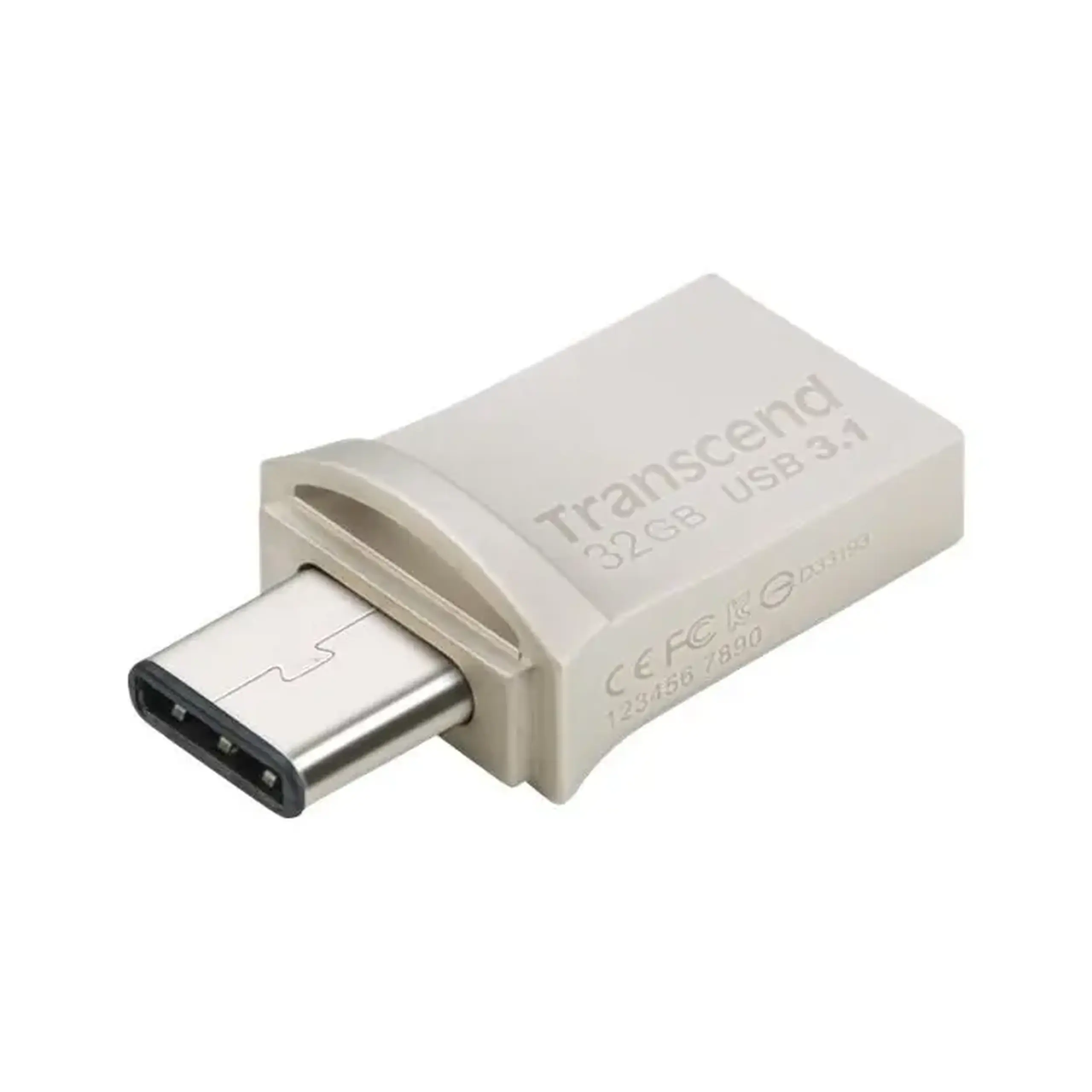 Unitate Flash USB3.1/Type - C de 32 GB Transcend „JetFlash 890”, argintiu, carcasă metalică, OTG (R/W:90/25MB/s)