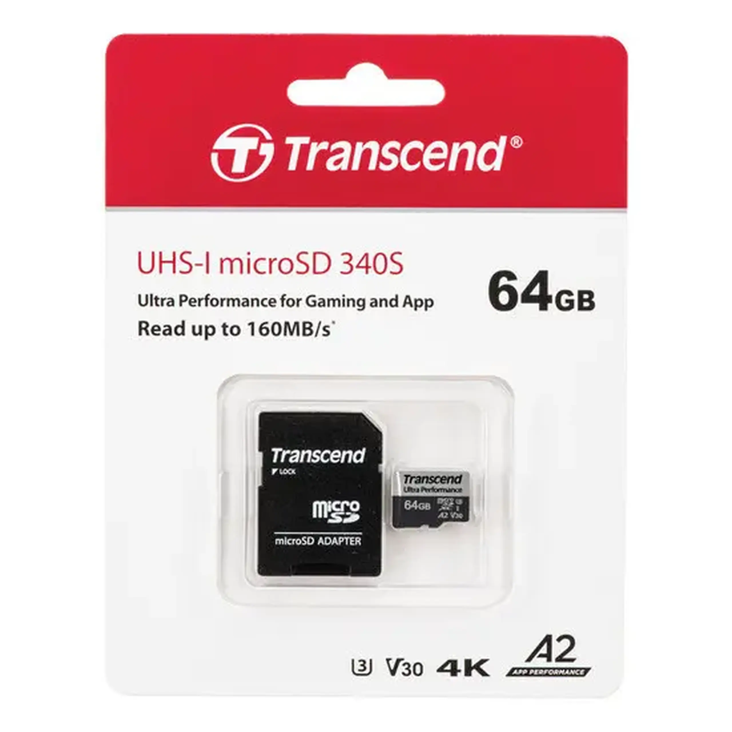 ..64GB MicroSD (Clasa 10) UHS - I (U3),+adaptor SD, Transcend „TS64GUSD340S” (V30, A2, R/W:160/80MB/s)