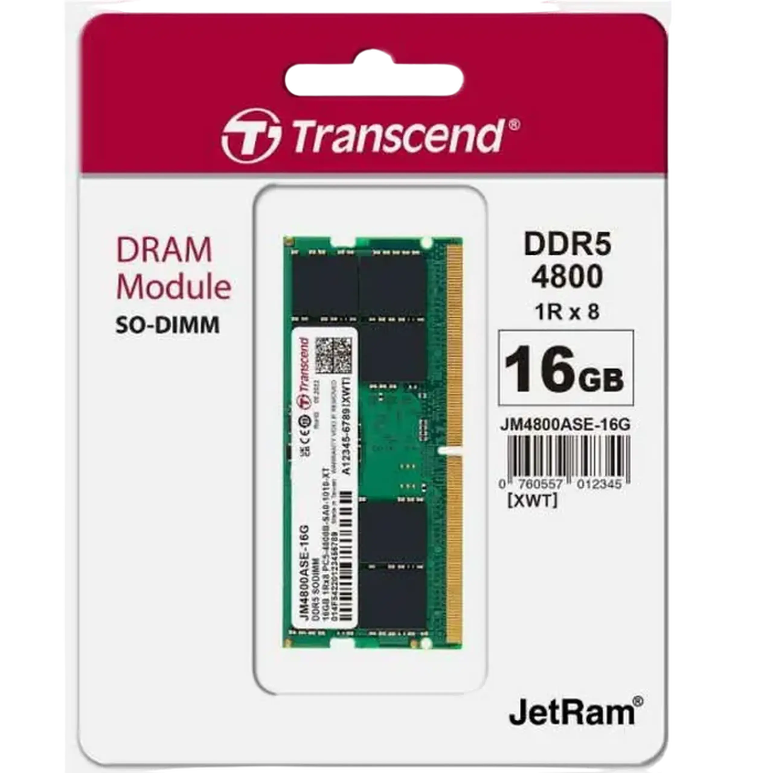 16 GB DDR5 - 4800MHz SODIMM Transcend JetRam, PC5 - 38400U, 1Rx8, CL40, 1,1 V
