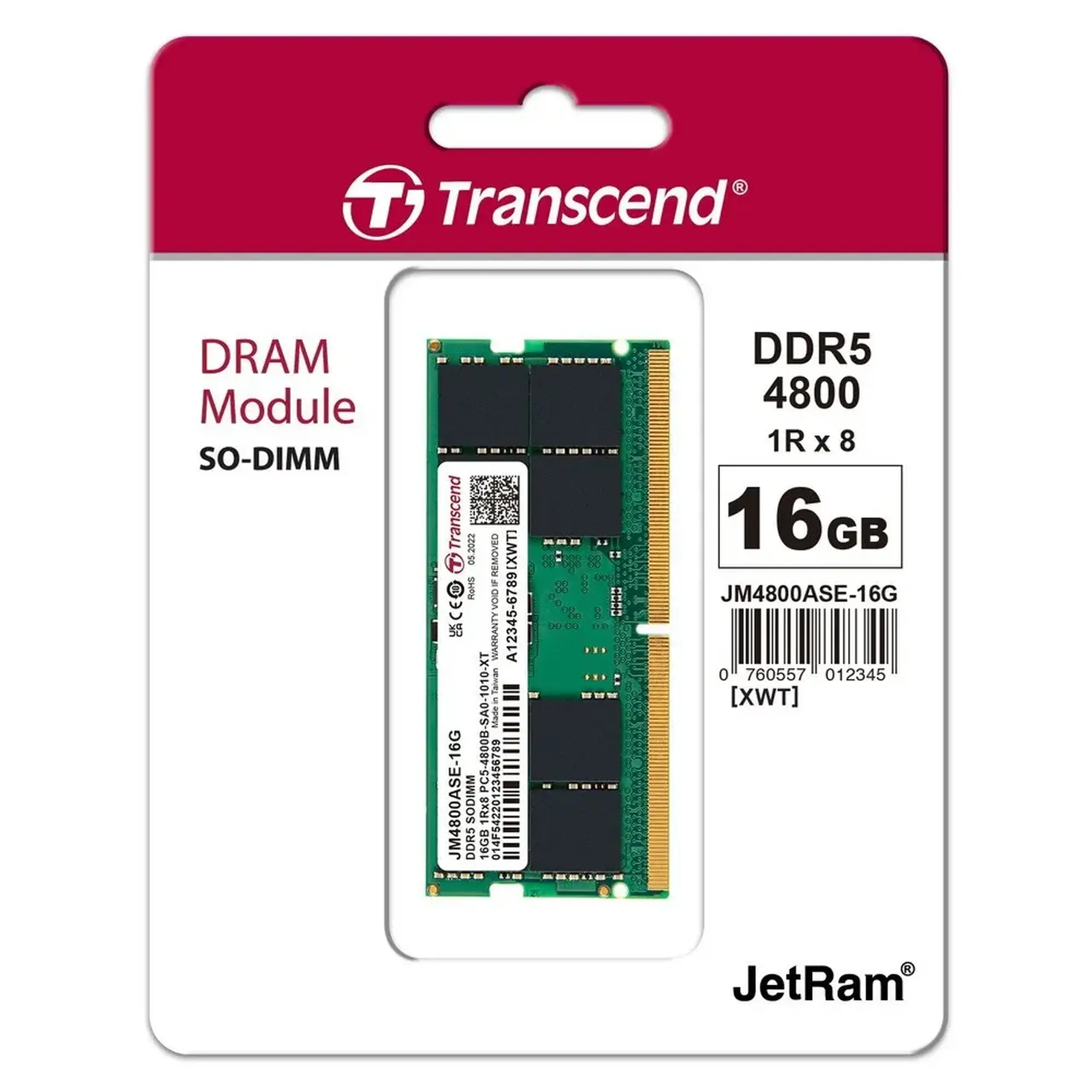 16 GB DDR5 - 4800MHz SODIMM Transcend JetRam, PC5 - 38400U, 1Rx8, CL40, 1,1 V