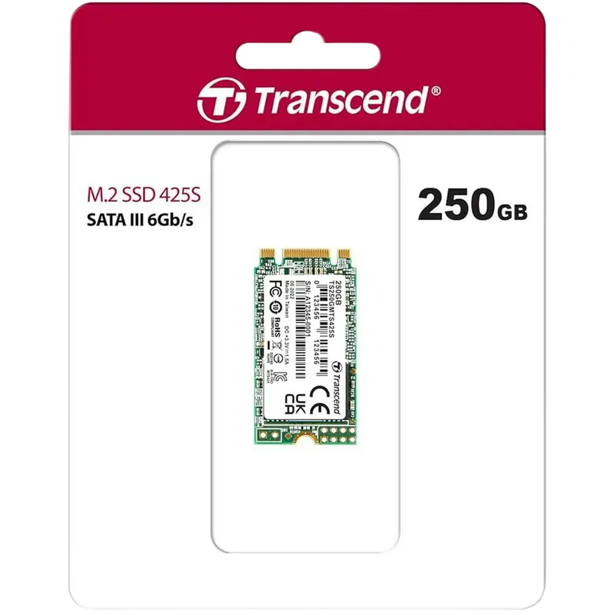 .M.2 SATA SSD 250GB Transcend „TS250GMTS425S” [42mm, R/W:500/330MB/s, 40K/75K IOPS, 90 TBW, 3D TLC]