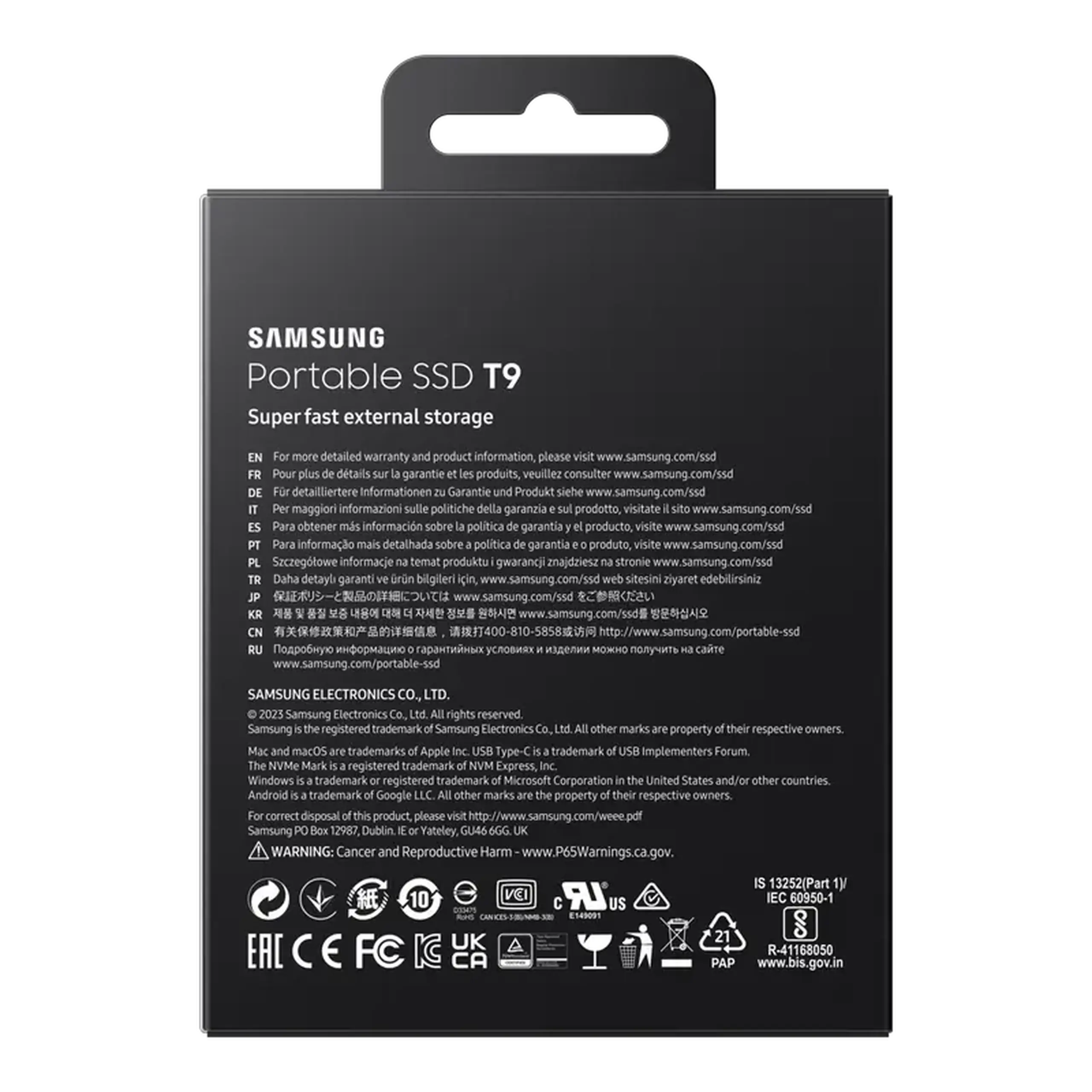SSD portabil Samsung de 4,0 TB T9 negru, USB - C 3.2 Gen 2x2 (88x59x13mm, 122g, R/W:2000/2000MB/s)