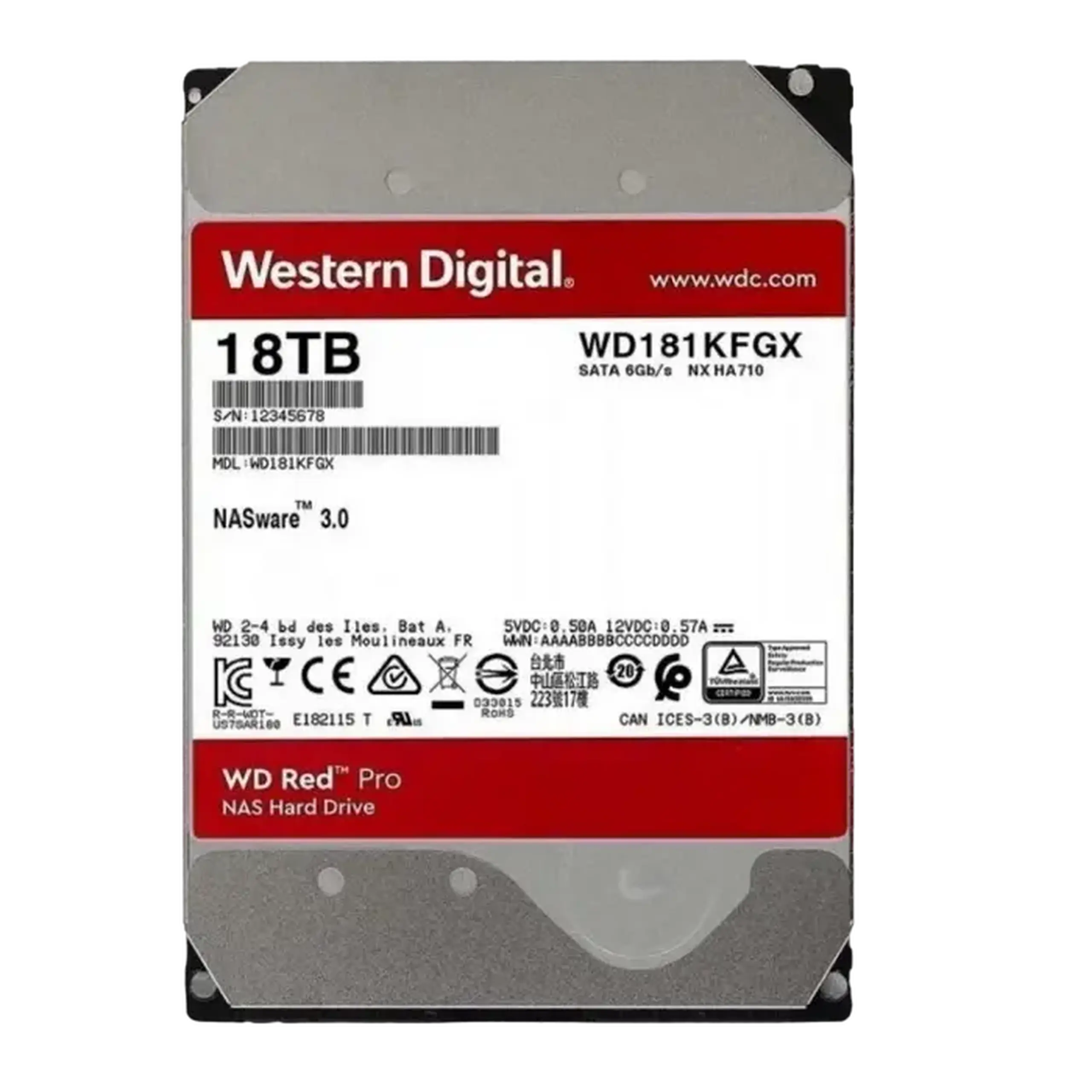 HDD de 3,5" 18,0TB - SATA - 512MB Western Digital "Red Pro (WD181KFGX)", NAS, CMR, 7200rpm, 2,5M (MTBF)