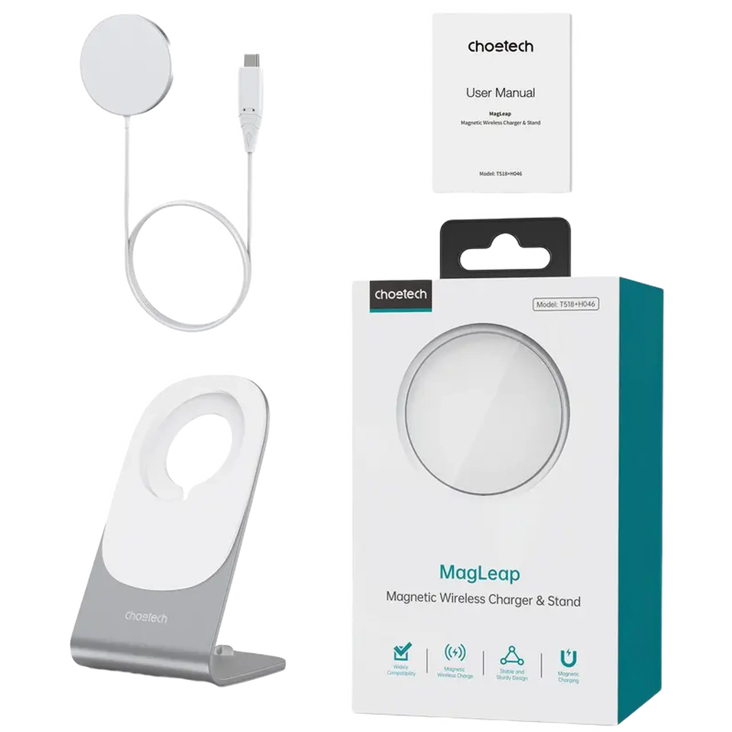 Încărcător wireless Choetech H046 + T518-F, 15 W, Alb