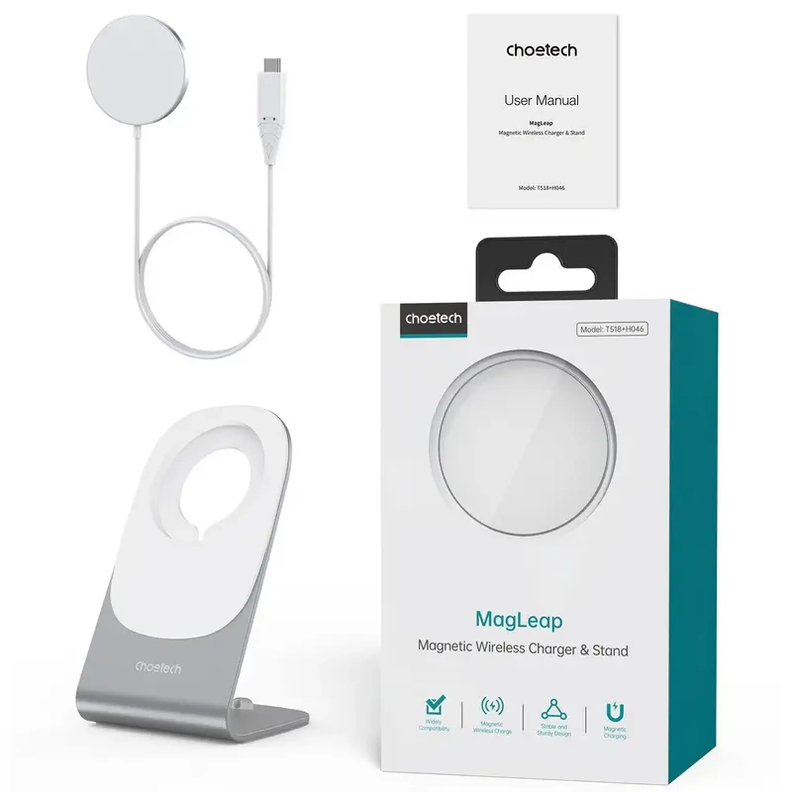 Încărcător wireless Choetech H046 + T518-F, 15 W, Alb