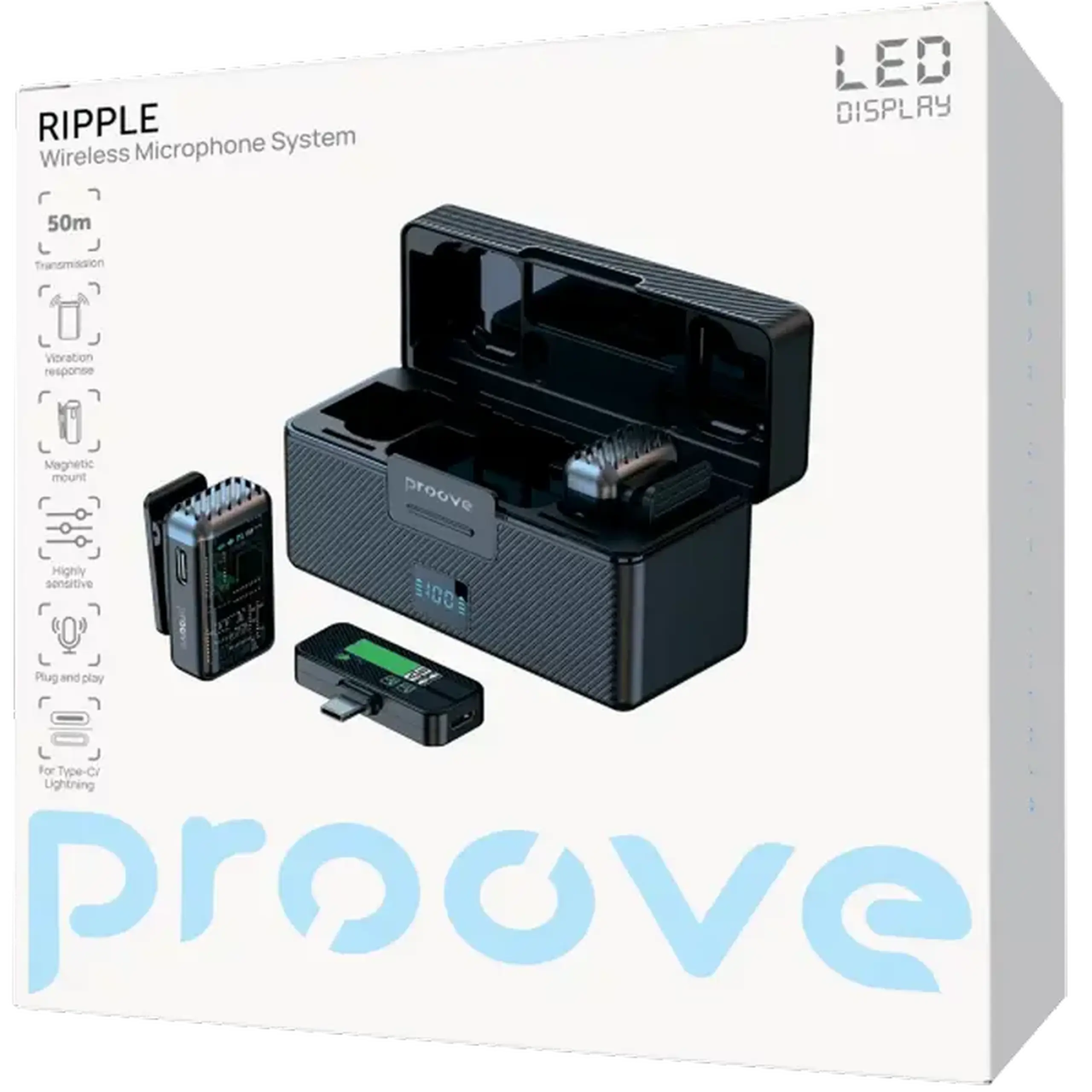 Microfon portabil pentru înregistrare vocală Proove Ripple, Fără fir/Cu fir, Negru