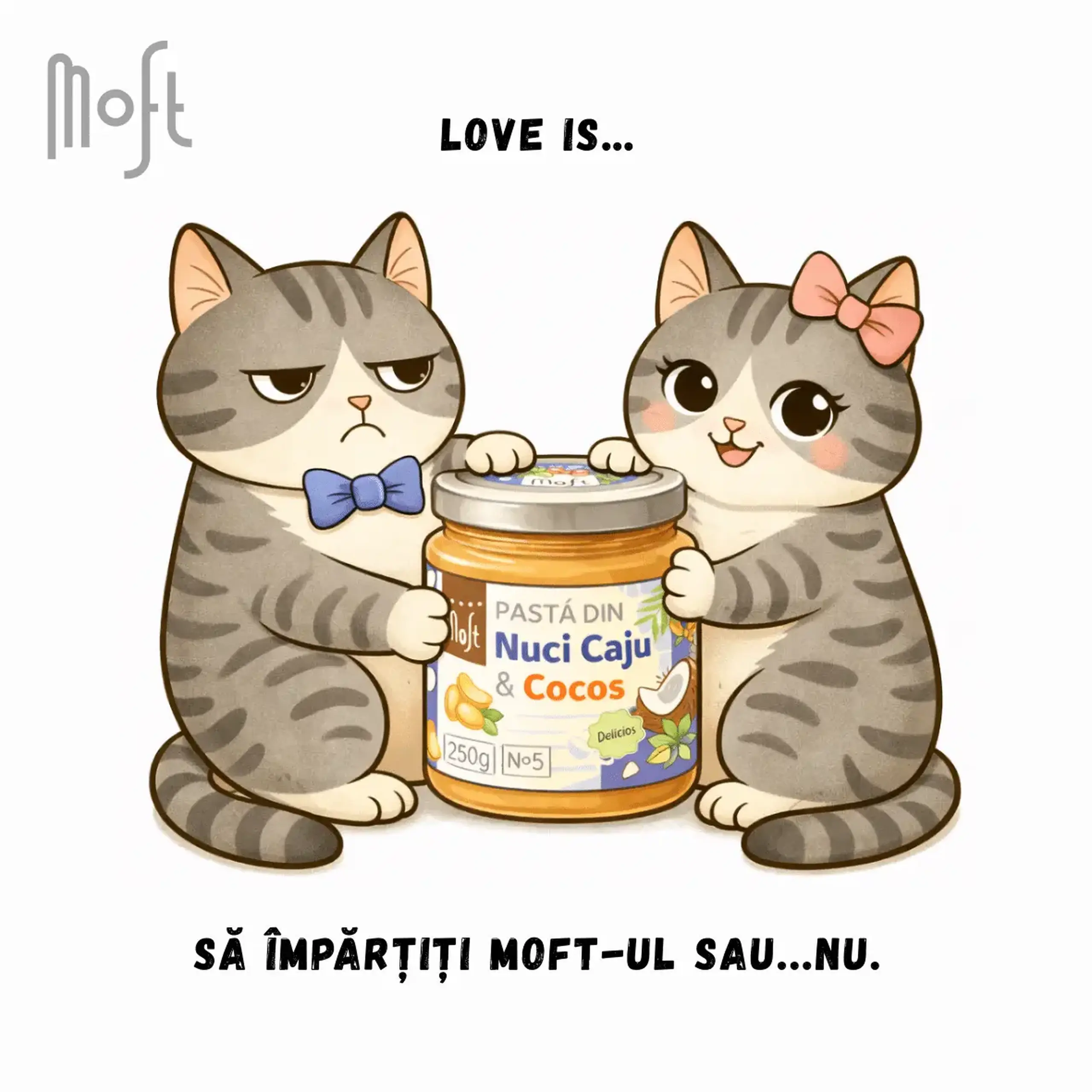 Felicitare „Love is… Să împărțiți Moft-ul sau….NU”