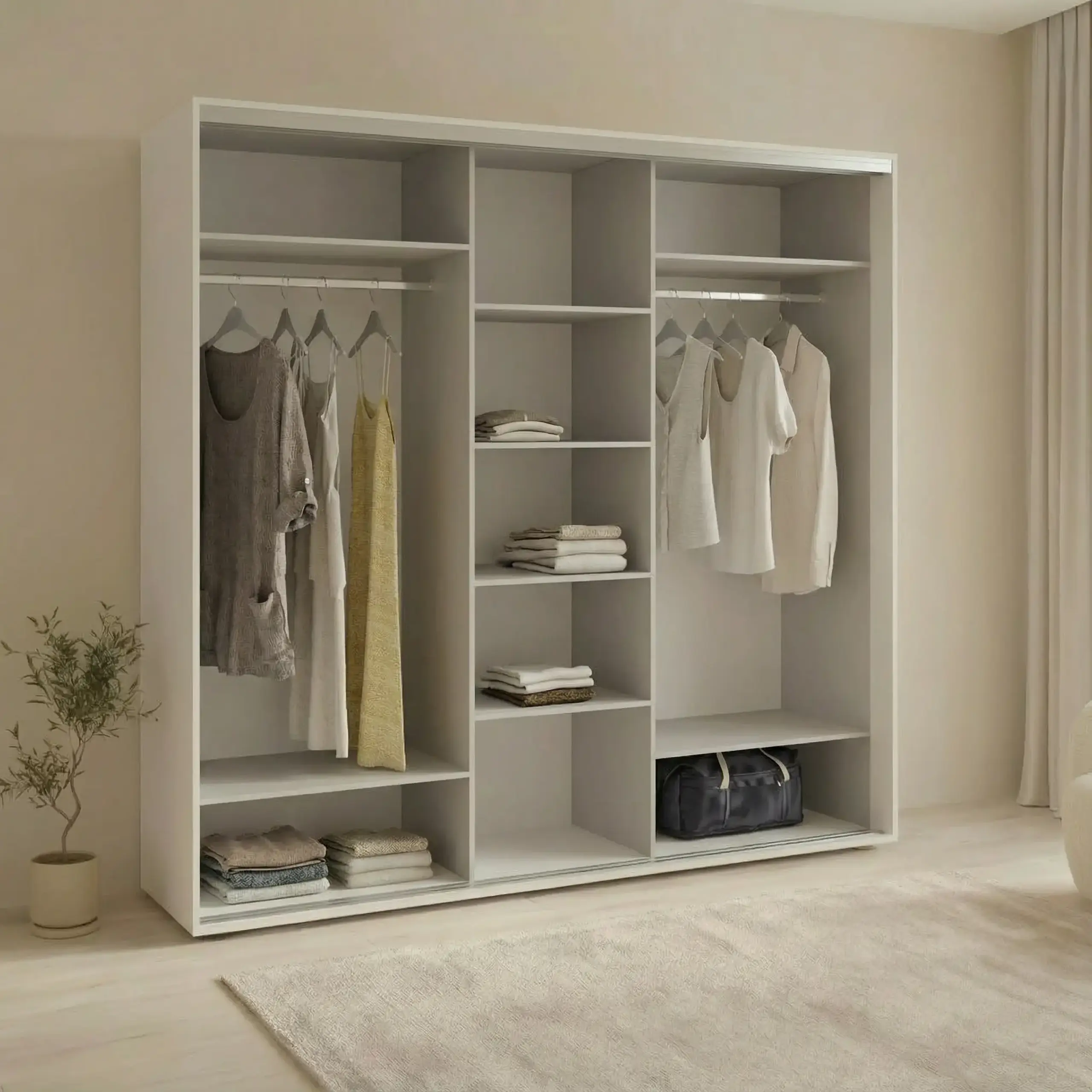 Dulap Cupe Fenix cu 3 usi, 3 Oglinda, Alb, 240x60x220 cm