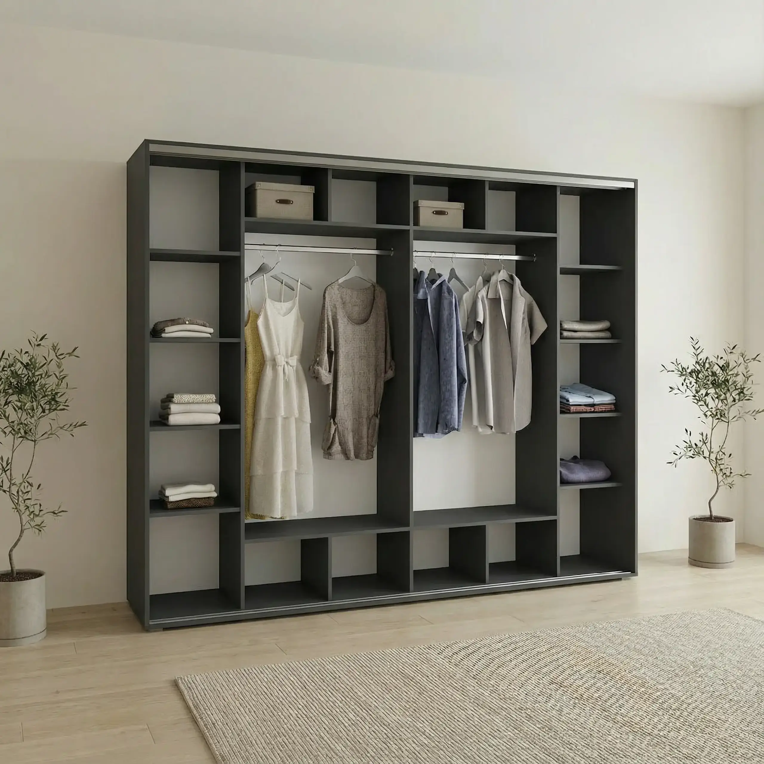 Dulap Cupe Fenix cu 4 usi, 2 PAL + 2 Oglinda, Antracit, 300x60x240 cm