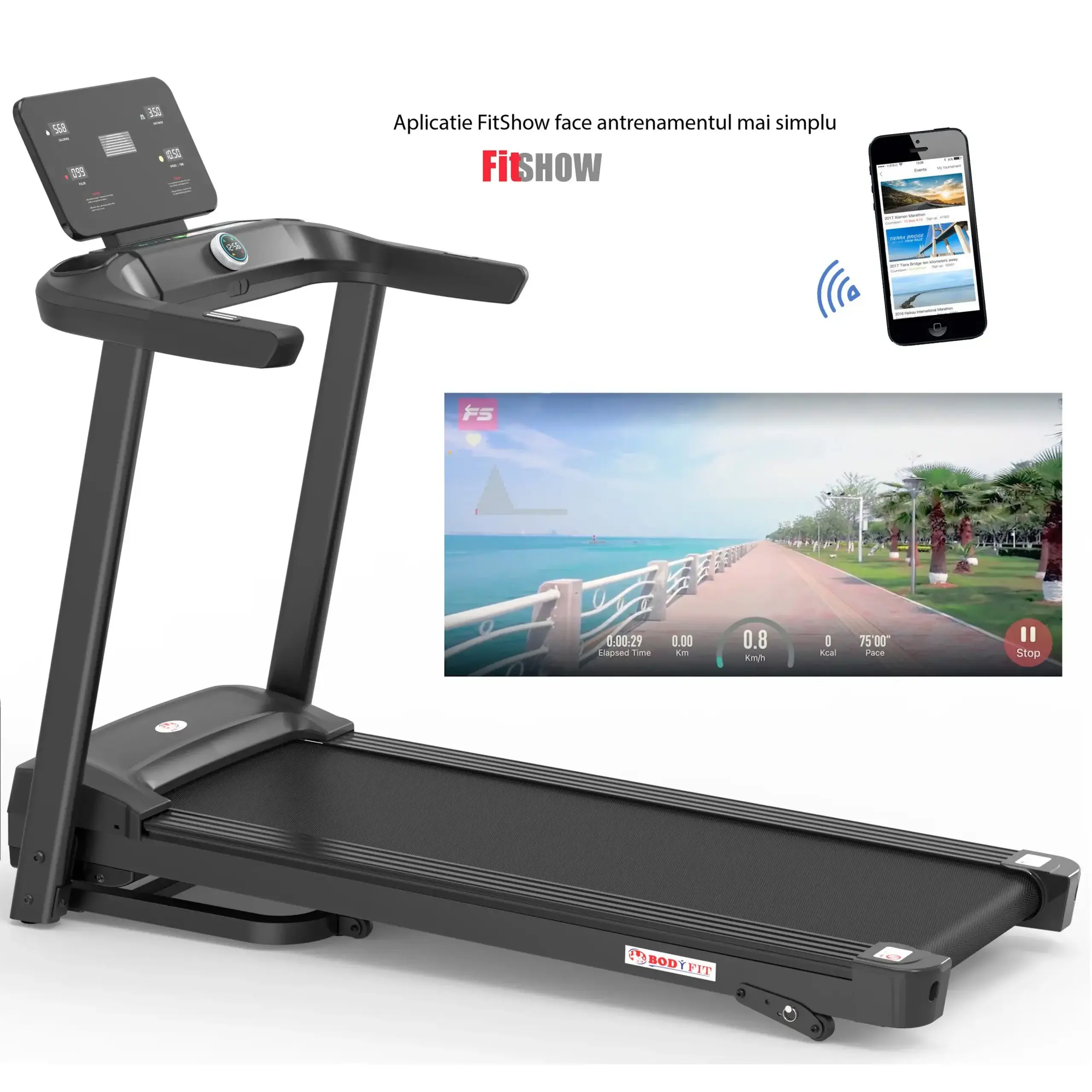 Banda de alergat Bodyfit Z5500, motor de 2.5 CP, greutate suportata de 120 kg, viteza 14.8 km/h, display LED cu mai multe functii