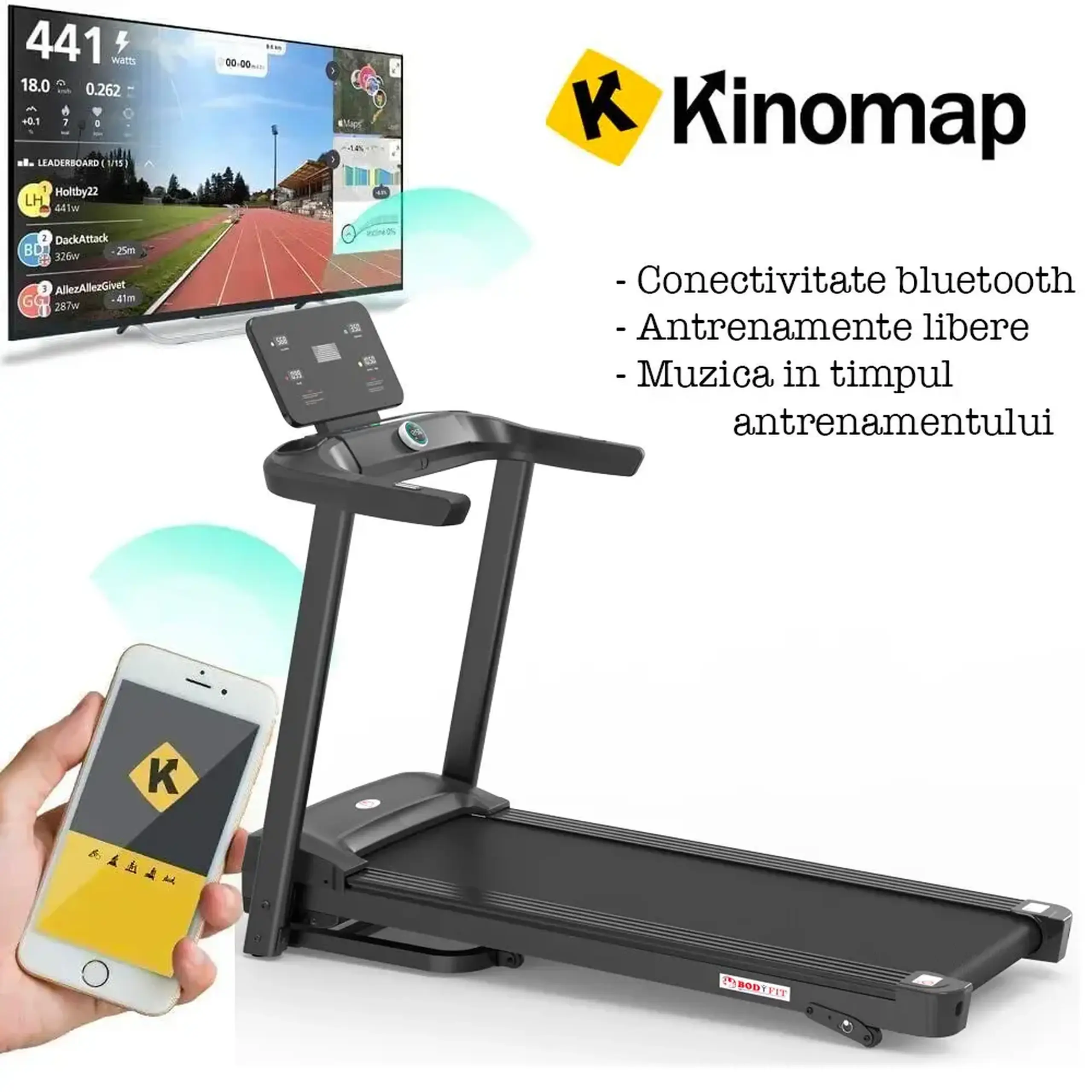 Banda de alergat Bodyfit Z5500, motor de 2.5 CP, greutate suportata de 120 kg, viteza 14.8 km/h, display LED cu mai multe functii