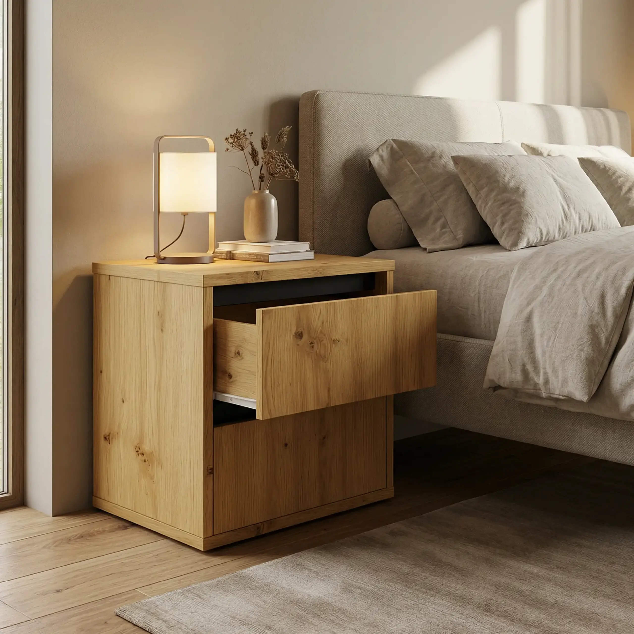 Noptiera 4home Ideea, 40x40x35 cm, 2 sertare, Stejar Artizanal/Gri Grafit