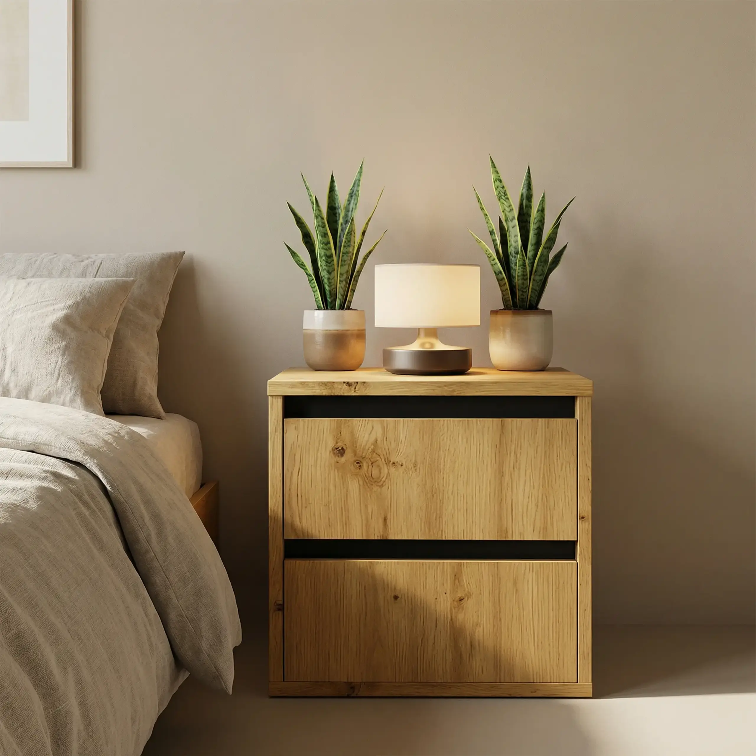 Noptiera 4home Ideea, 40x40x35 cm, 2 sertare, Stejar Artizanal/Gri Grafit
