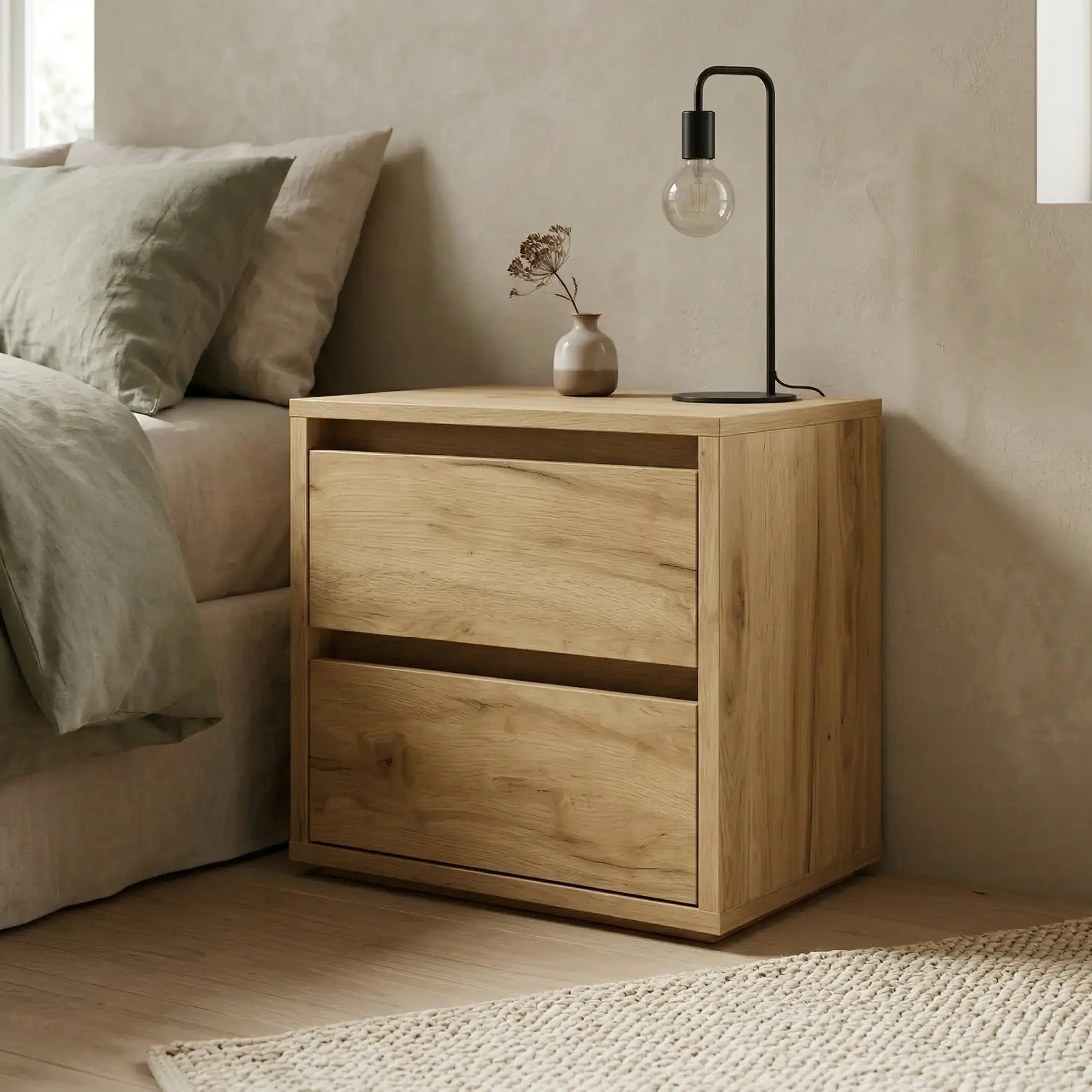 Noptiera 4home Ideea, 40x40x35 cm, 2 sertare, Stejar Kraft Gri/Satin