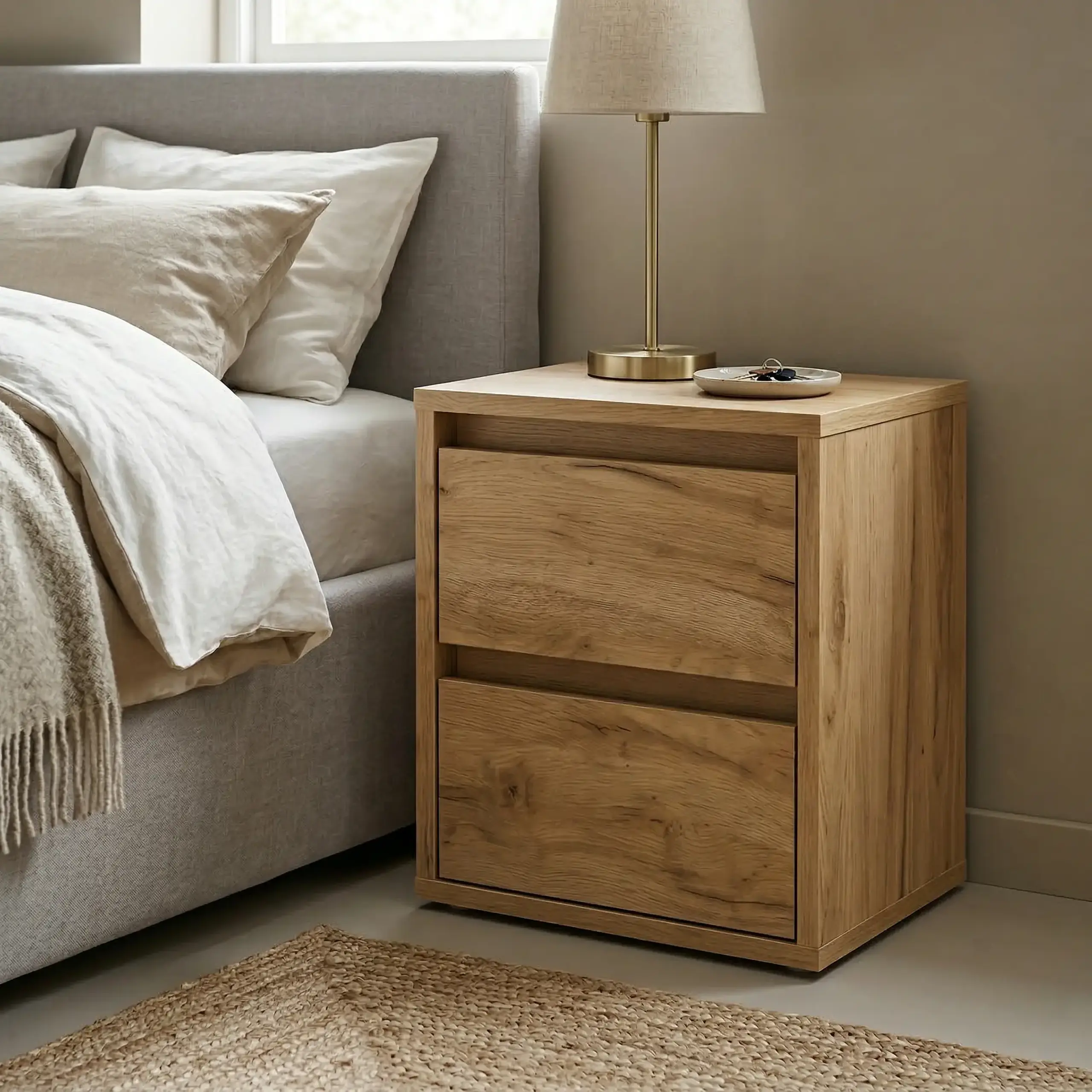 Noptiera 4home Ideea, 40x40x35 cm, 2 sertare, Stejar Kraft Gri/Satin