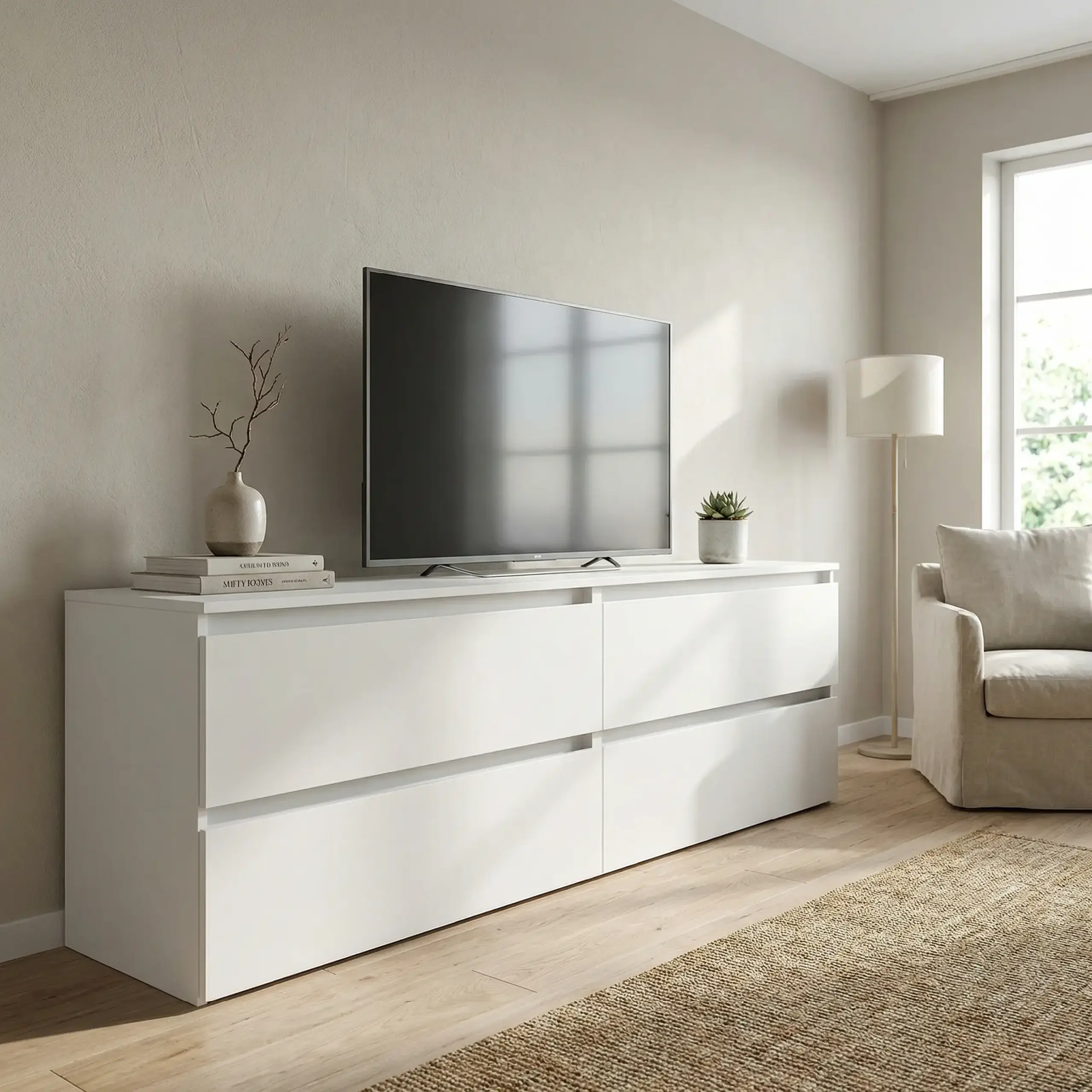 Comoda TV 4home Ideea, 52x180 cm, 2x2 sertare, Nimfea Alba/Nimfea Alba