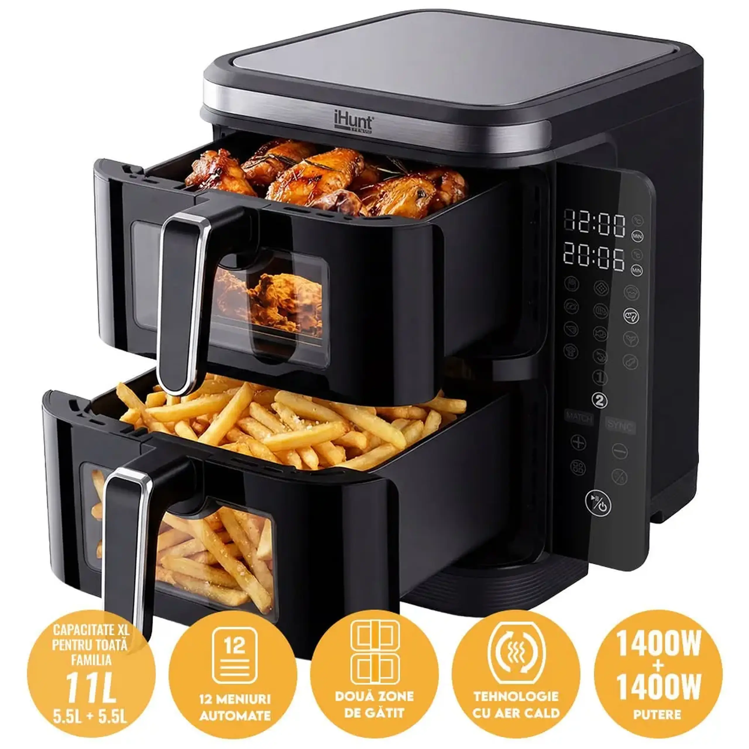 Friteuza cu aer cald fara ulei iHunt Bro Air Fryer 11L Dual Stack, Dual Zone 2800W (1400W + 1400W), Ecran digital, 12 functii de gatire, Temperatura Ajustabila, Decongelare si temporizare, Black