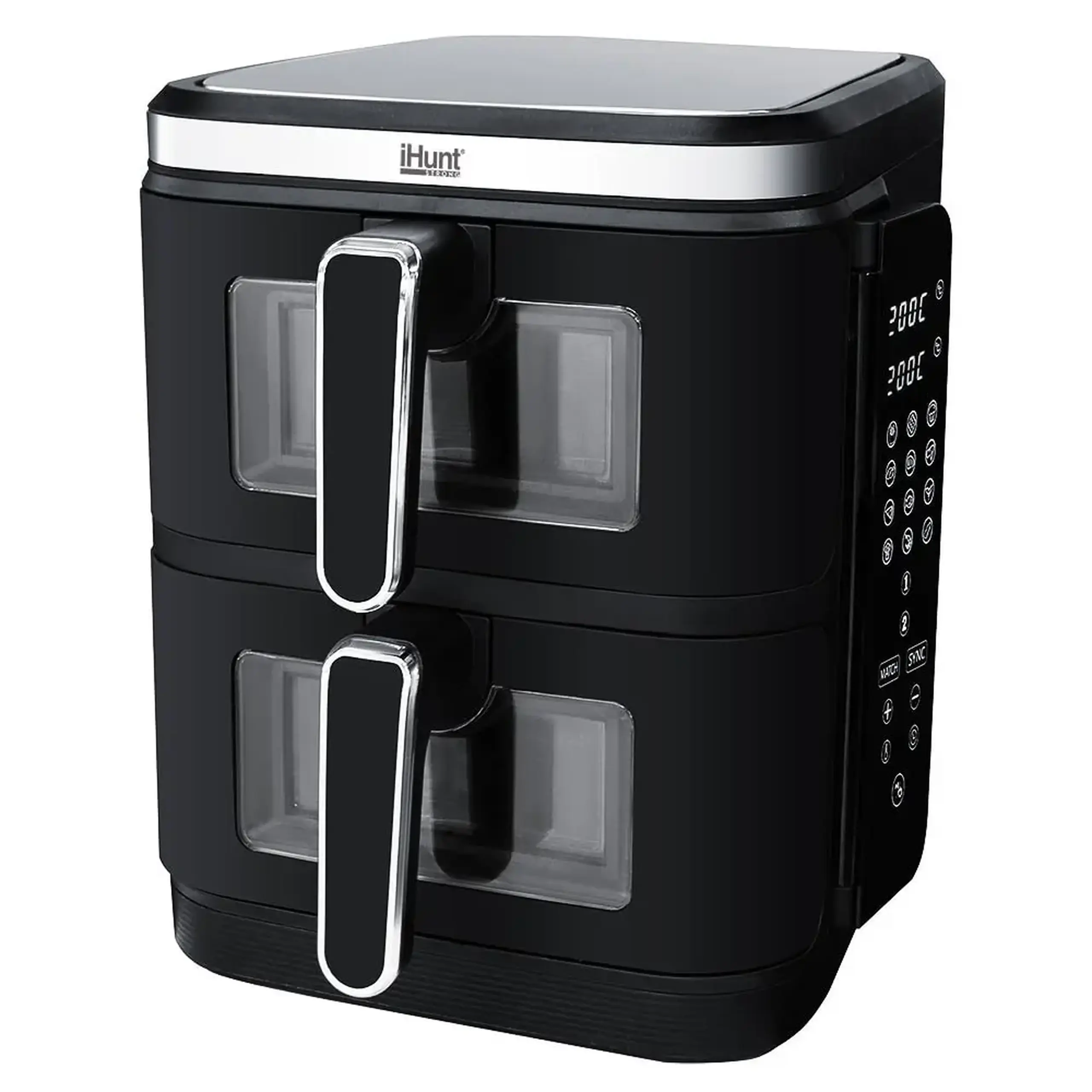 Friteuza cu aer cald fara ulei iHunt Bro Air Fryer 11L Dual Stack, Dual Zone 2800W (1400W + 1400W), Ecran digital, 12 functii de gatire, Temperatura Ajustabila, Decongelare si temporizare, Black