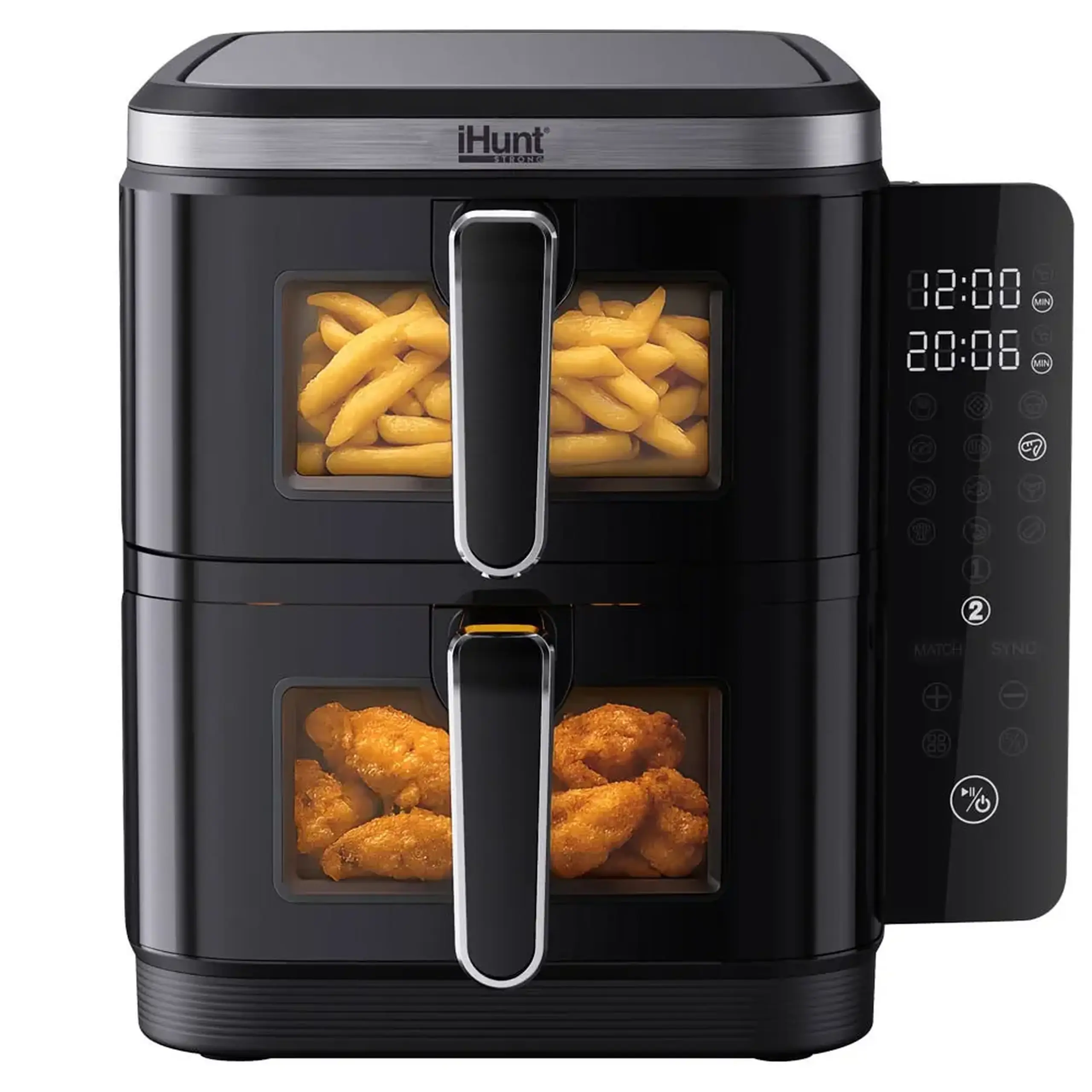 Friteuza cu aer cald fara ulei iHunt Bro Air Fryer 11L Dual Stack, Dual Zone 2800W (1400W + 1400W), Ecran digital, 12 functii de gatire, Temperatura Ajustabila, Decongelare si temporizare, Black