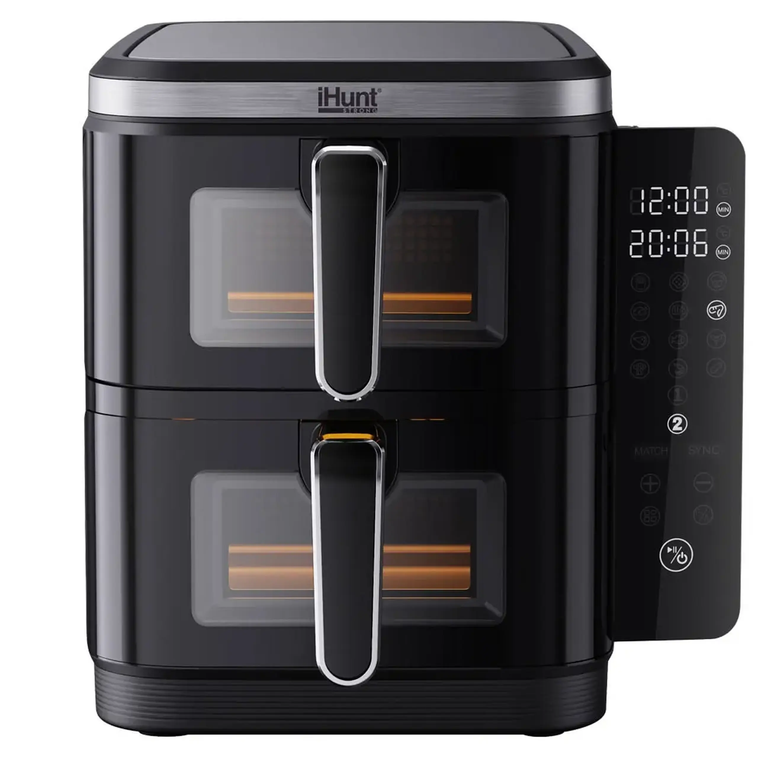 Friteuza cu aer cald fara ulei iHunt Bro Air Fryer 11L Dual Stack, Dual Zone 2800W (1400W + 1400W), Ecran digital, 12 functii de gatire, Temperatura Ajustabila, Decongelare si temporizare, Black