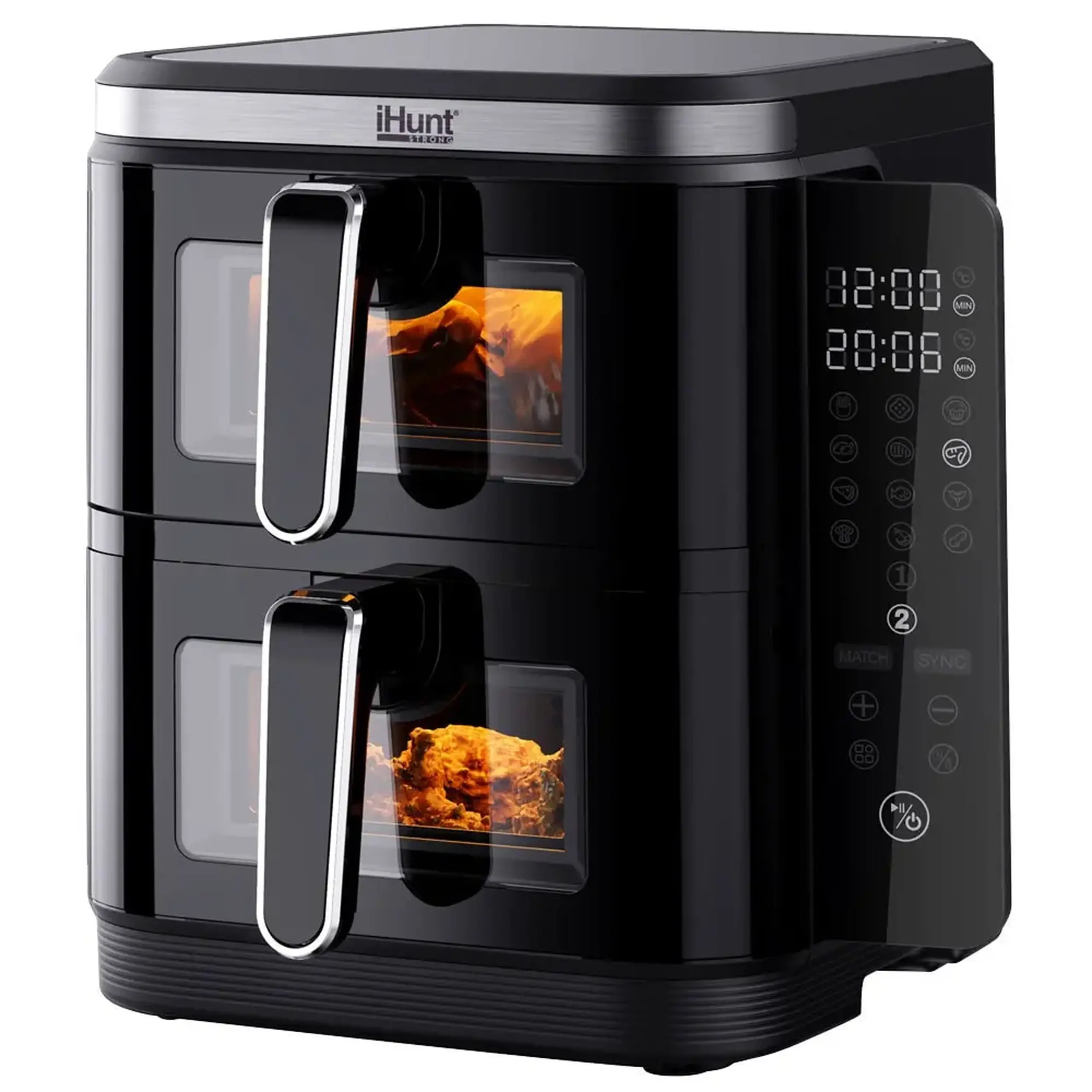 Friteuza cu aer cald fara ulei iHunt Bro Air Fryer 11L Dual Stack, Dual Zone 2800W (1400W + 1400W), Ecran digital, 12 functii de gatire, Temperatura Ajustabila, Decongelare si temporizare, Black
