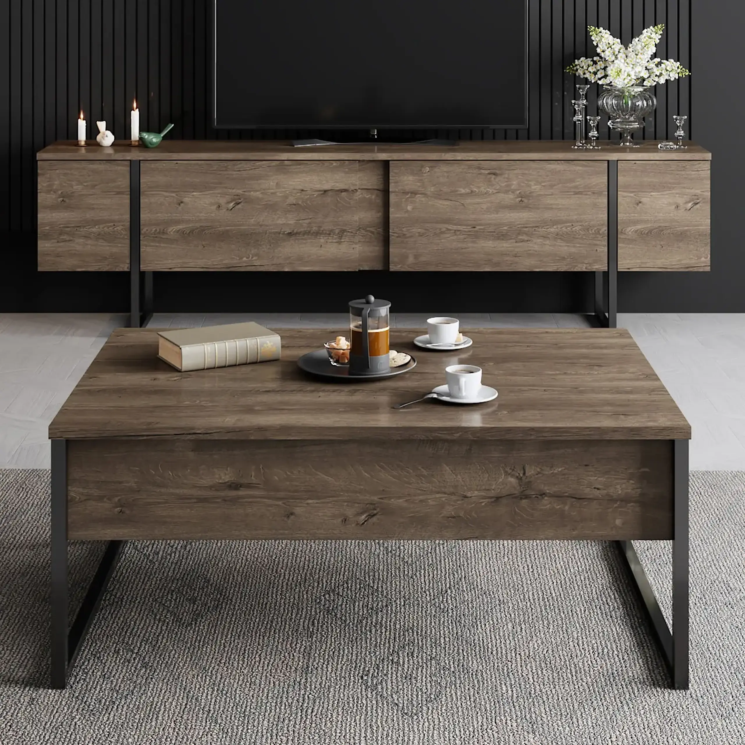Masuta de cafea Lux - Nuc, Negru 74 x 13,4 x 98 cm