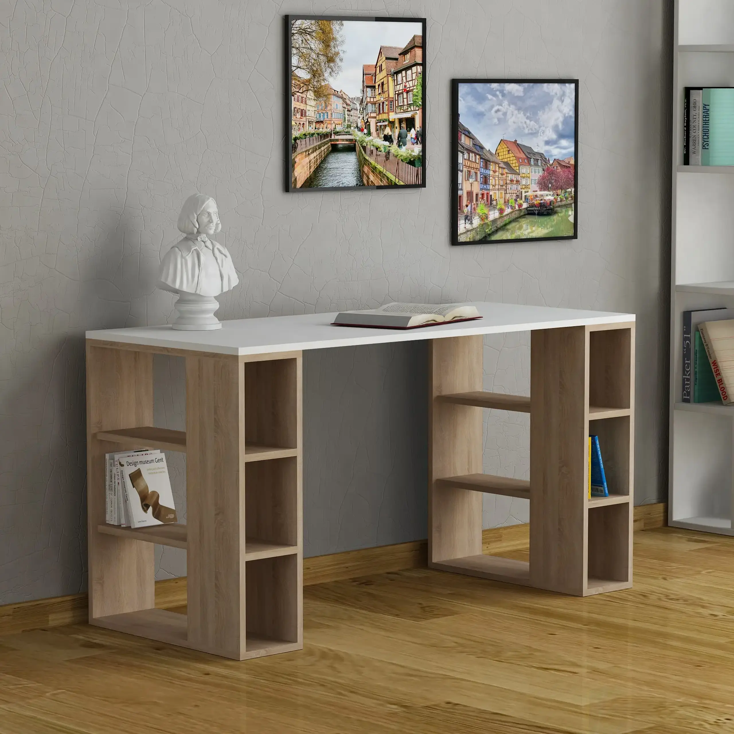 Birou de studiu Colmar - Alb, Stejar 140 x 75 x 60 cm