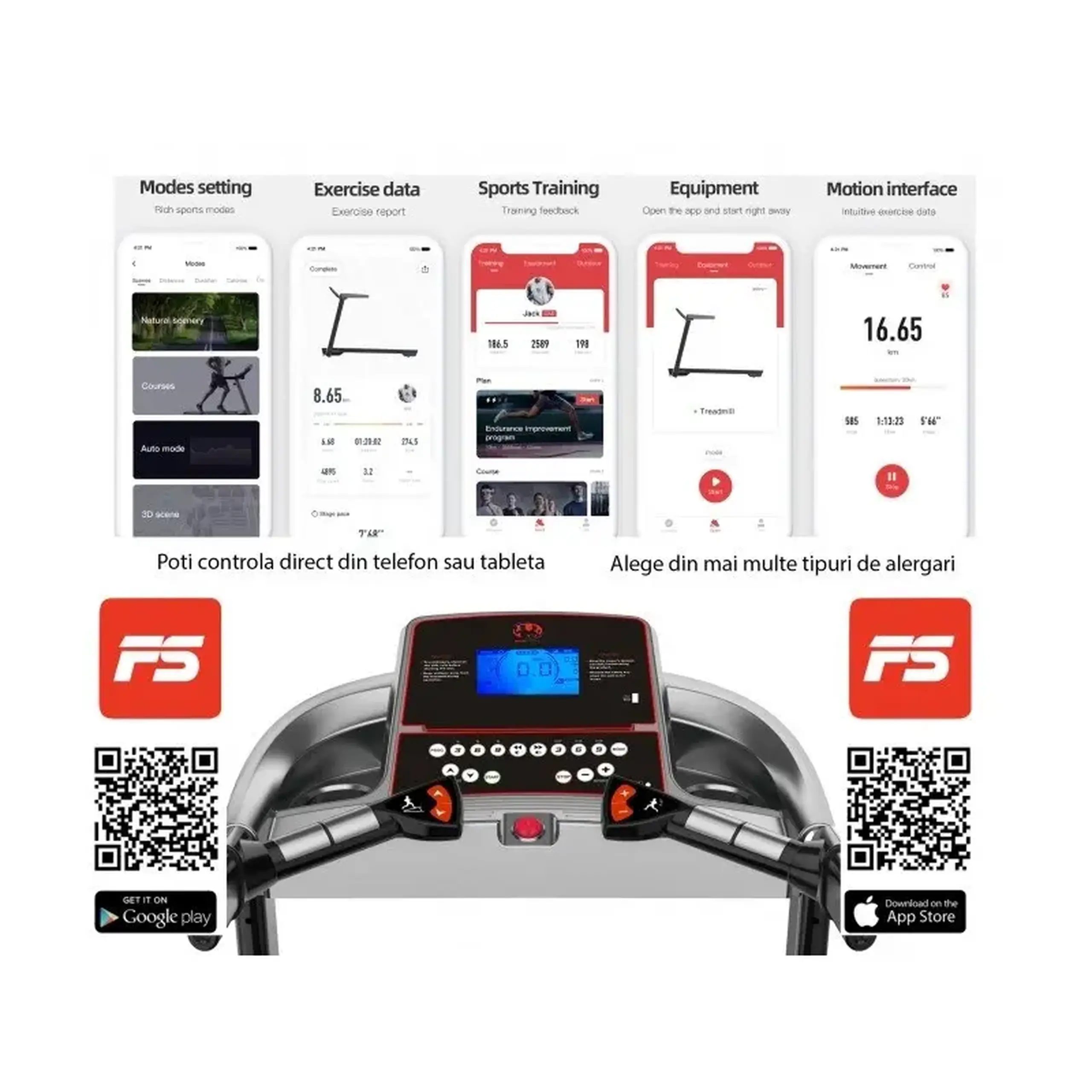 Banda de alergat electrica BodyFit A6000, Motor 3.25 CP, App FitShow, 15% Inclinatie electrica, Viteza pana la 16km/h, 130 kg Greutate Suportata, Suprafata alergare 130 x 46 cm