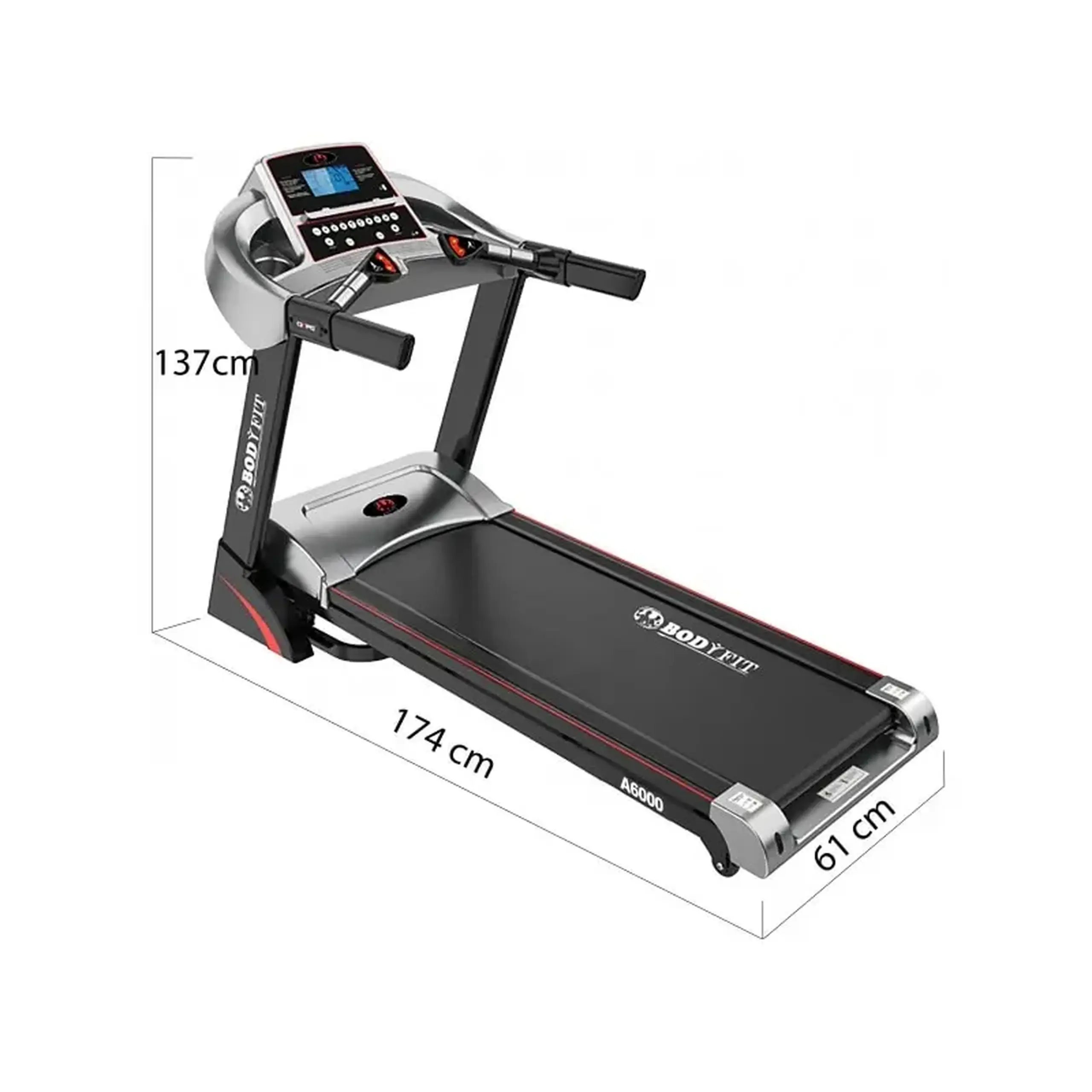 Banda de alergat electrica BodyFit A6000, Motor 3.25 CP, App FitShow, 15% Inclinatie electrica, Viteza pana la 16km/h, 130 kg Greutate Suportata, Suprafata alergare 130 x 46 cm