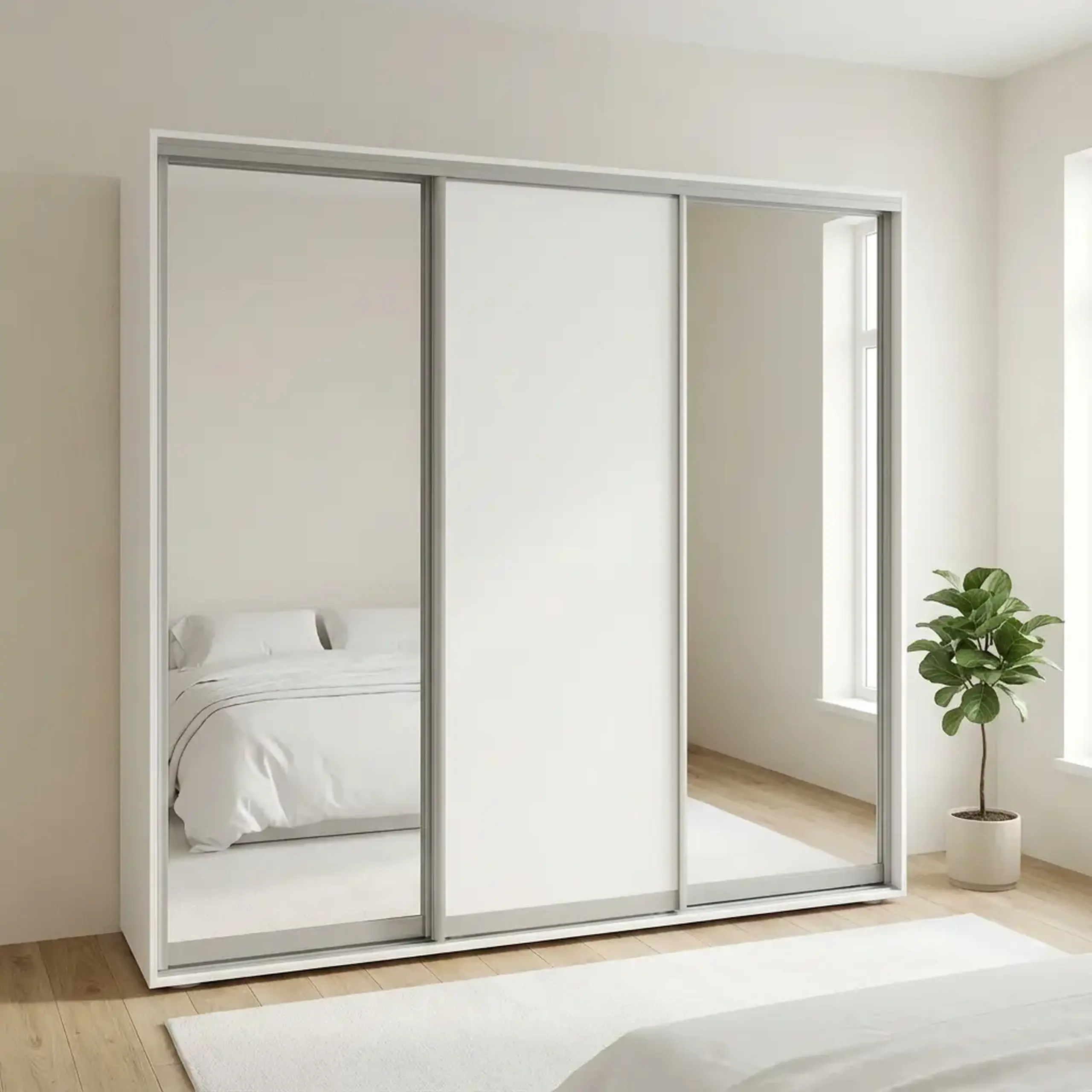 Dulap Cupe Fenix cu 3 usi, 2 PAL + 1 Oglinda, Alb, 240x60x240 cm