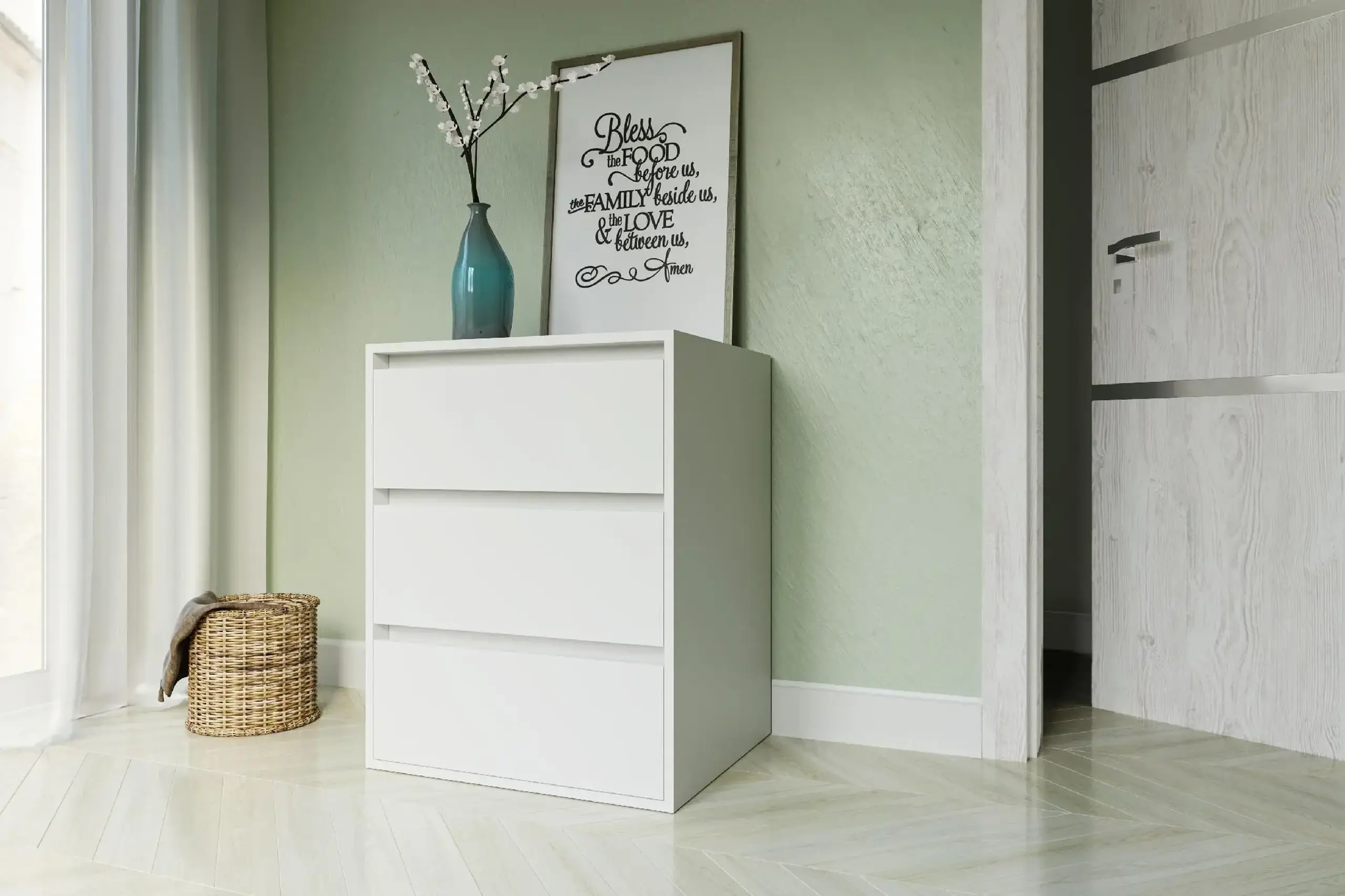 Comoda 4home Ideea K, 76x60x42 cm, 3 sertare, Nimfea Alba/Nimfea Alba