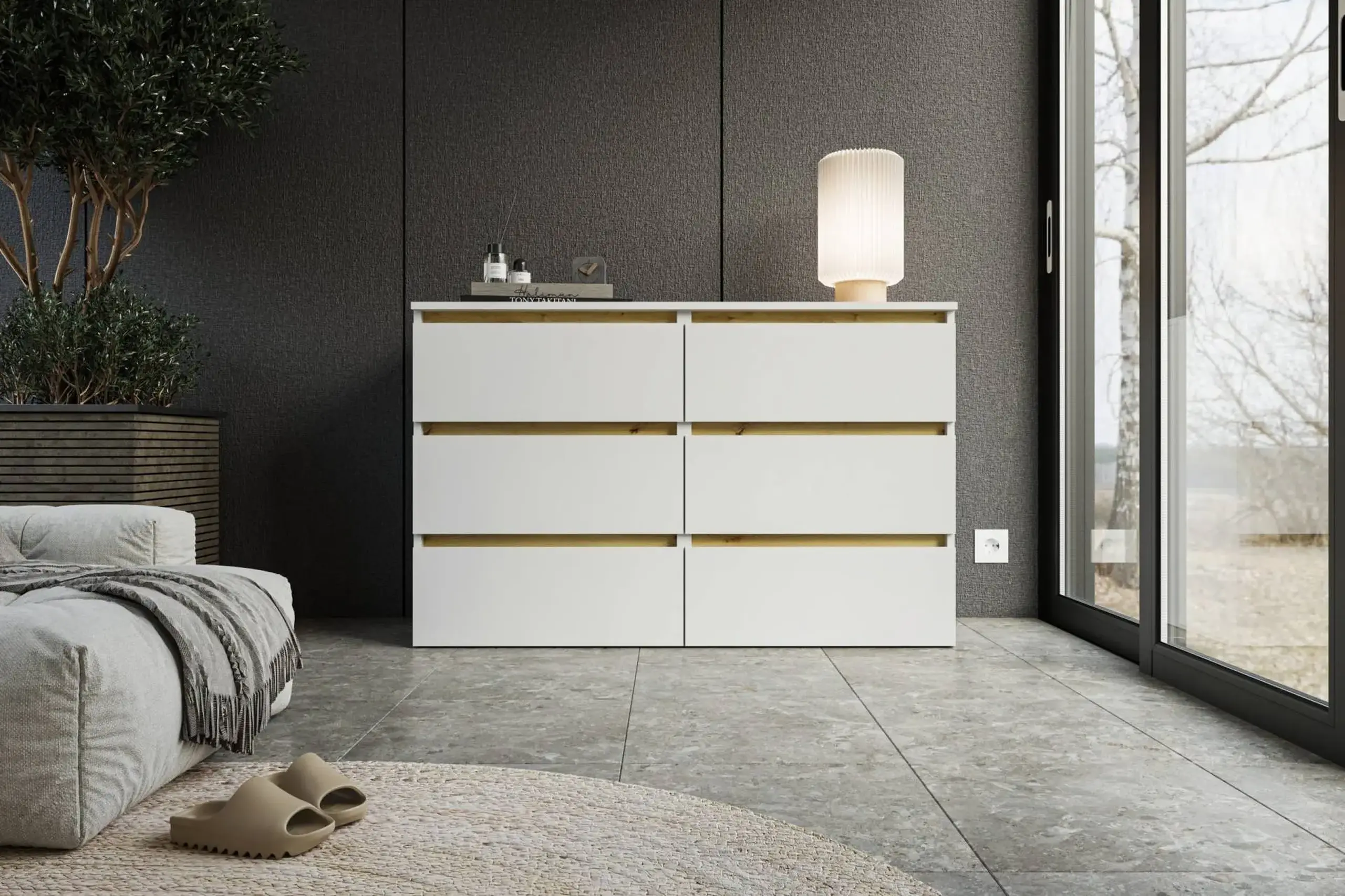 Comoda 4home Ideea K, 76x120x42 cm, 6 sertare, Nimfea Alba/Stejar Artizanal