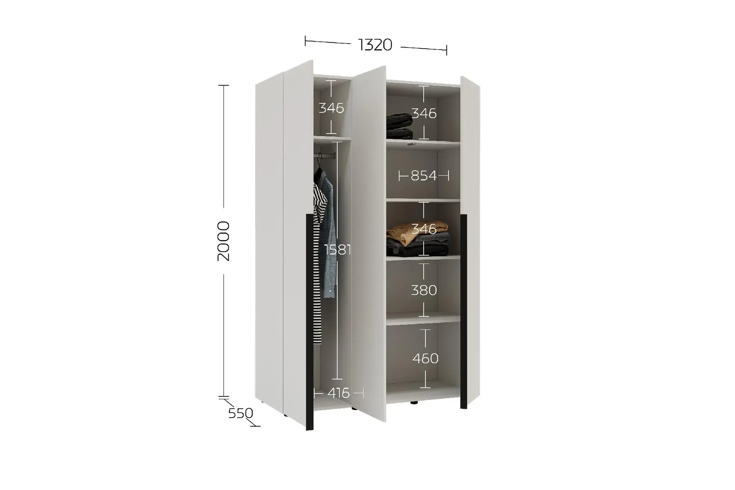 Dulap cu balamale Fenix Solo cu 3 usi, 132x55x200, Alb