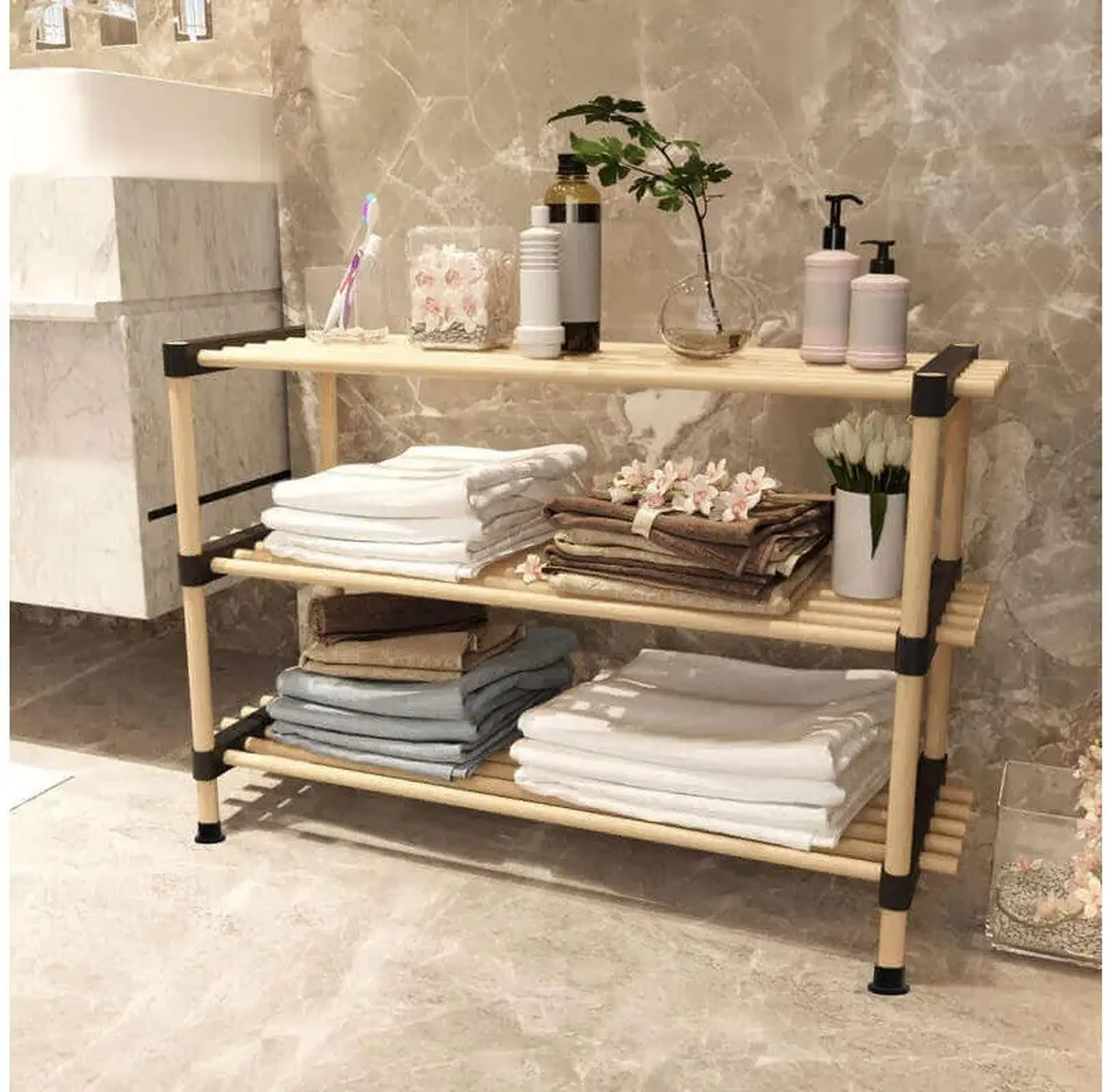 Raft pentru încălțăminte Seowood 8162 – 3 nivele, lemn de pin natur