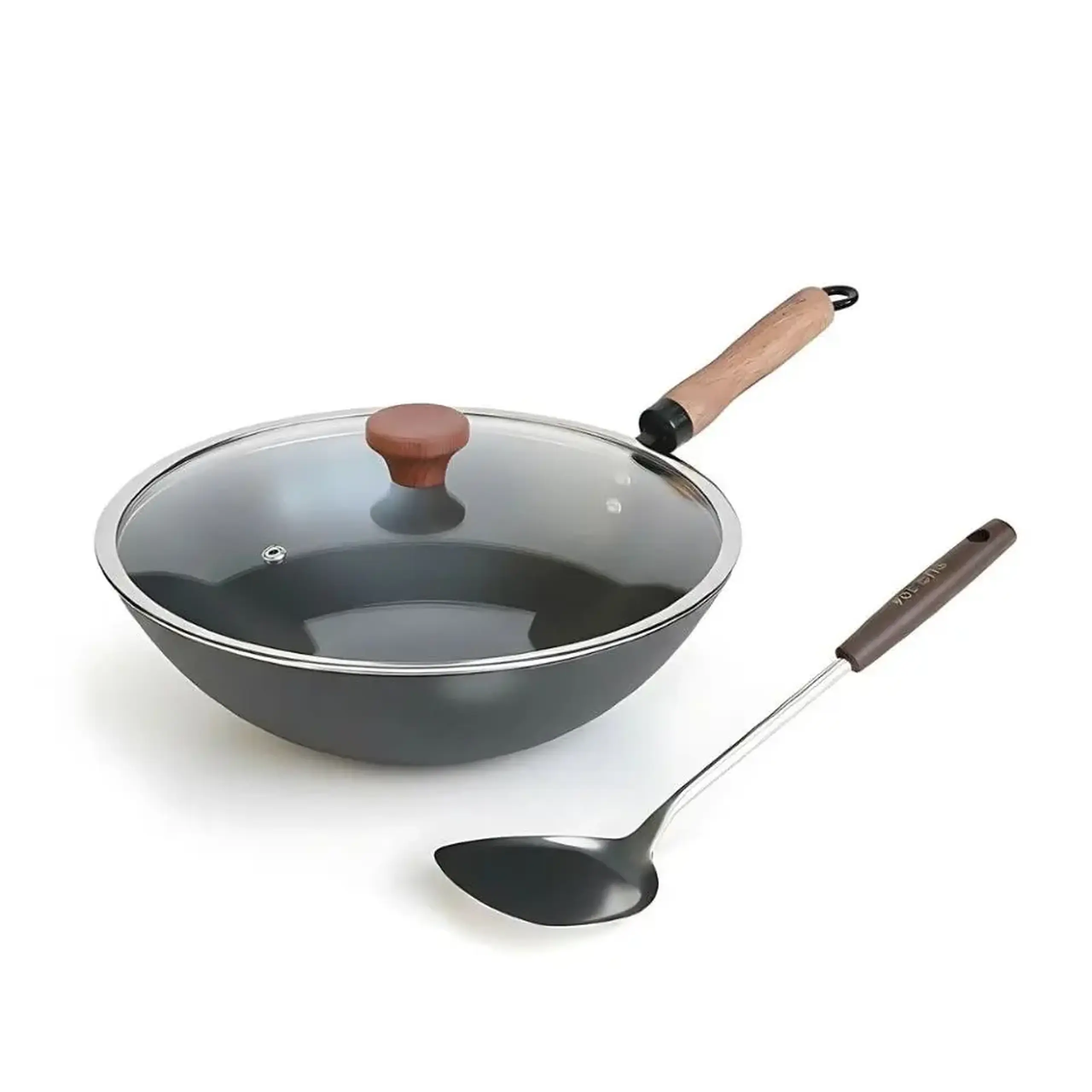 Wok clasic din otel carbon – 30 cm, cu capac de sticla