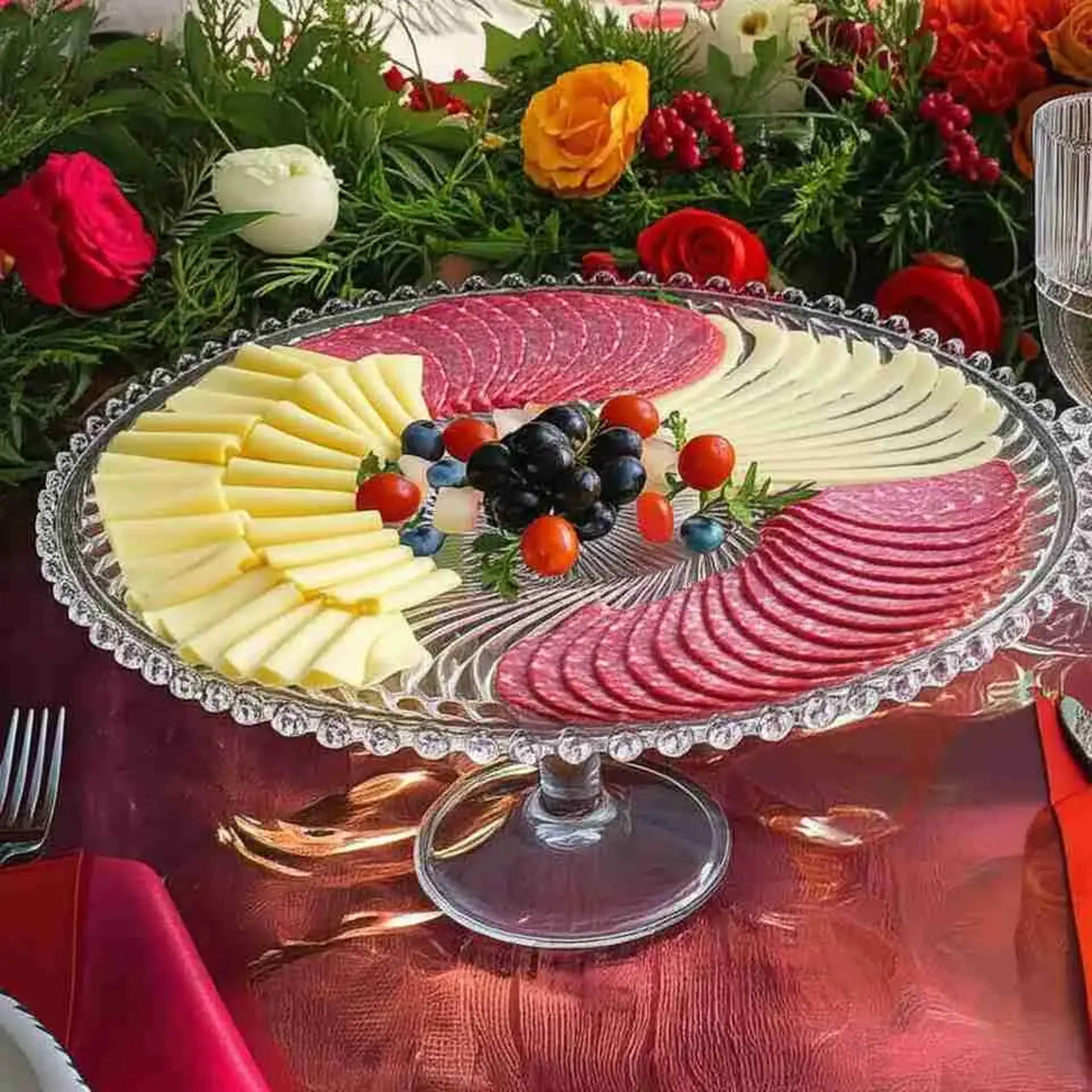Platou din sticlă cu picior pentru servire, handmade, 33x16 cm – Sencam