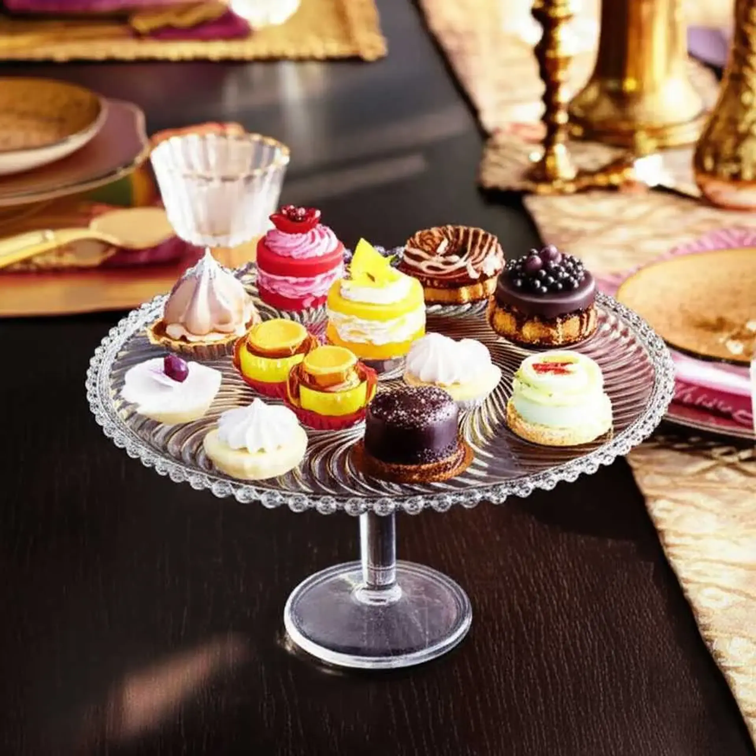 Platou din sticlă cu picior pentru patiserie 33x21 cm, Sencam