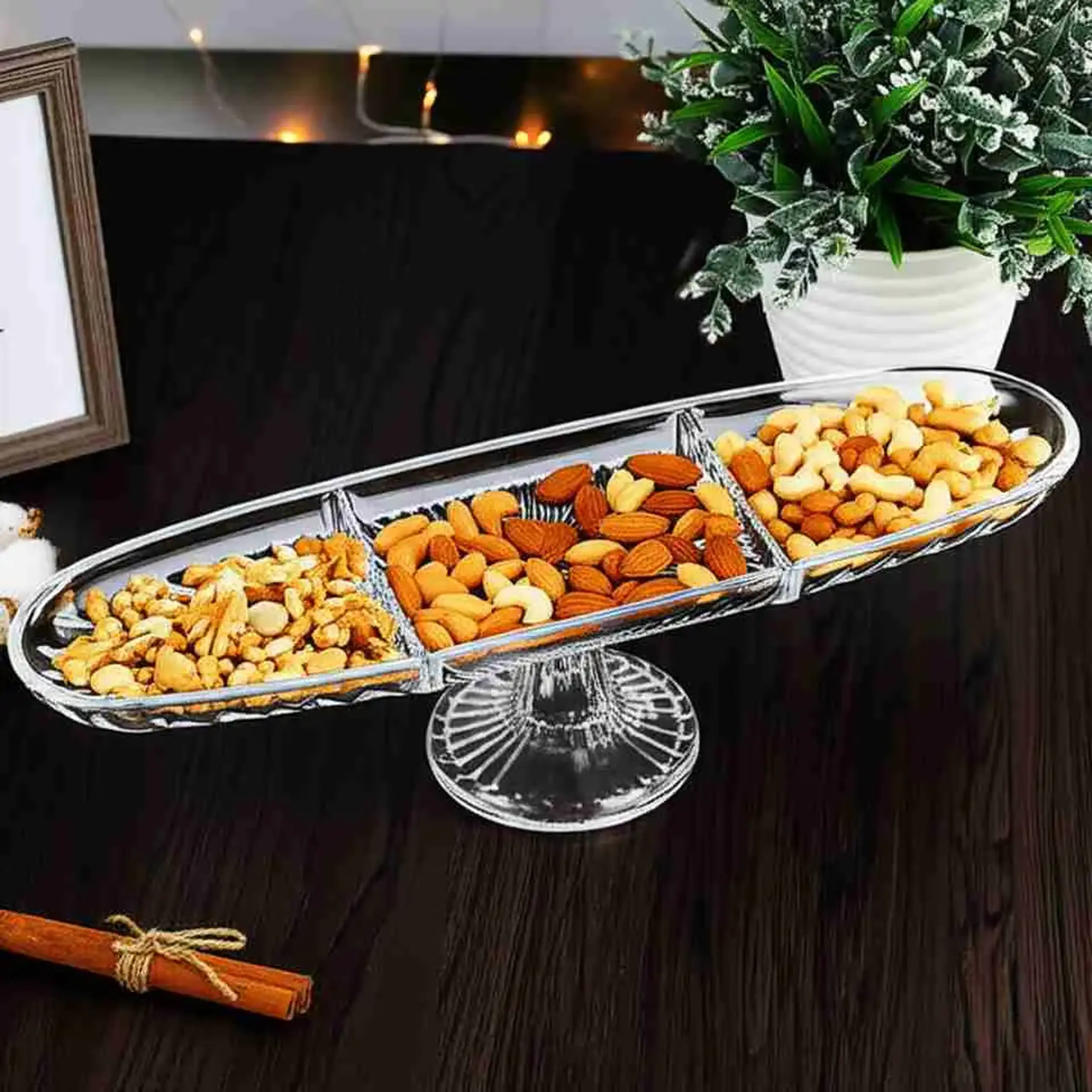 Platou oval sectionat cu picior pentru servire, 41x12x11 cm, Sencam Alegre Glass