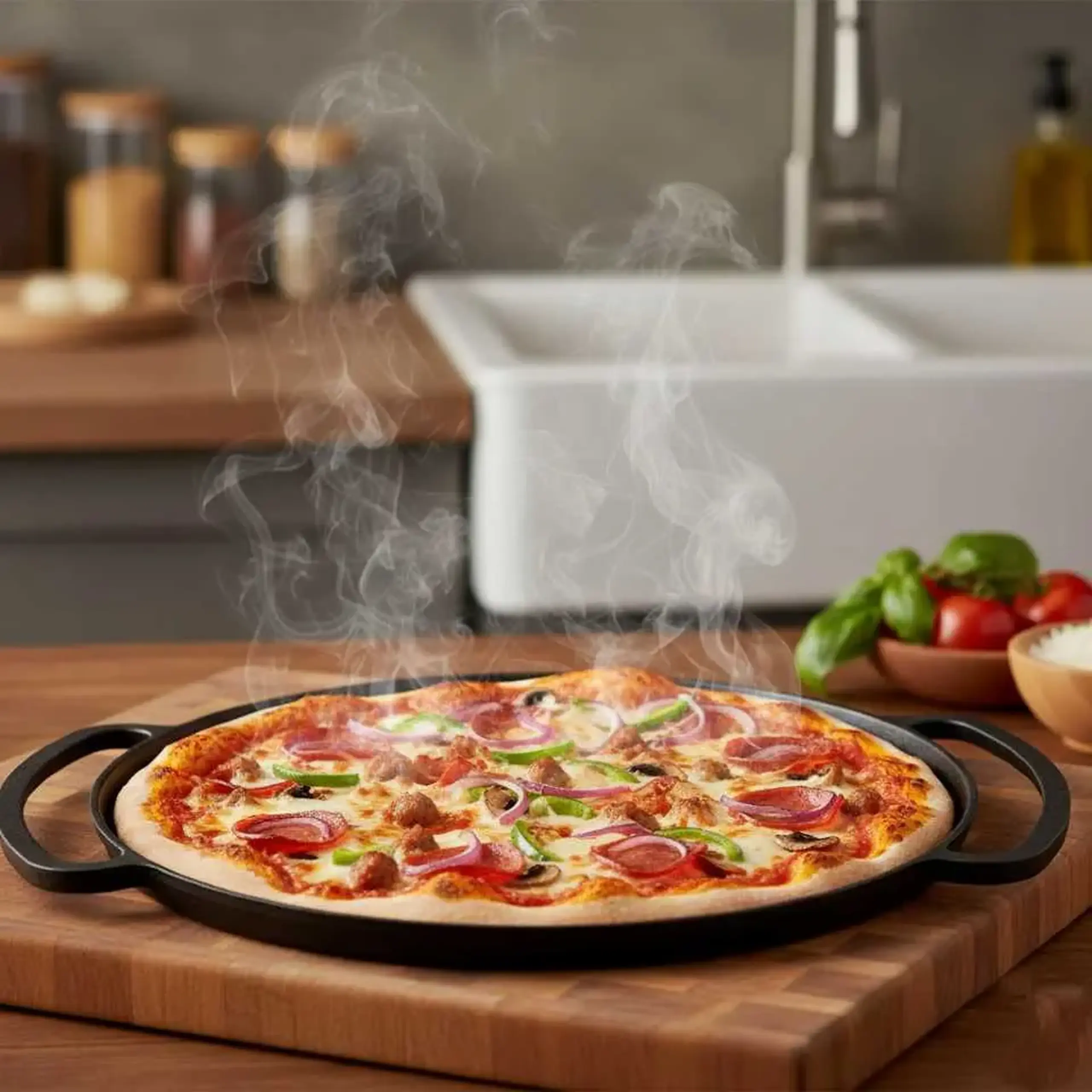 Tigaie / Tavă Pizza și Pancake-uri din Fontă Emailată, 28 cm, Negru (SIL-6028)