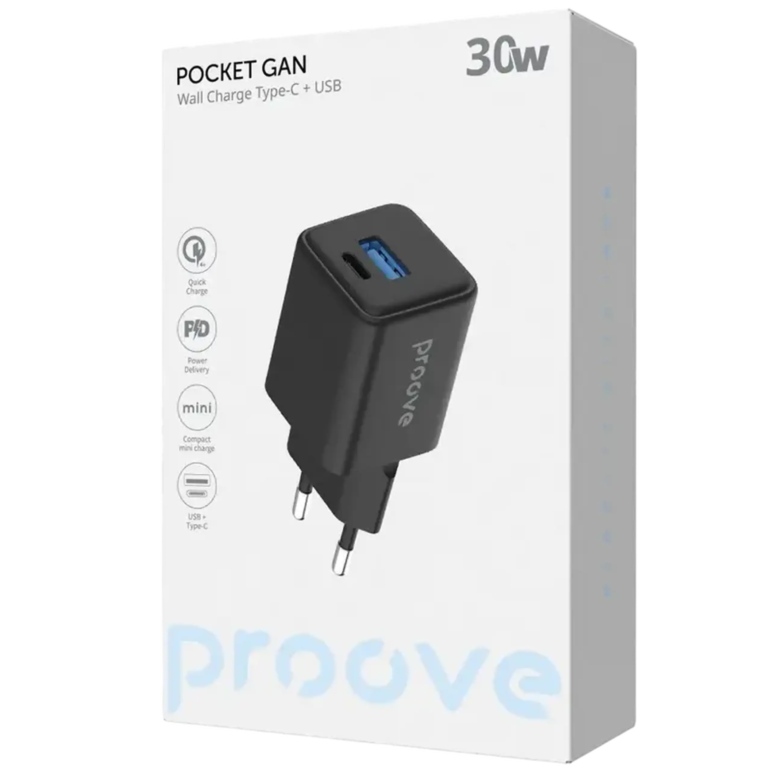 Incarcator Proove Pocket Gan 30W (Tip - C + USB), Negru