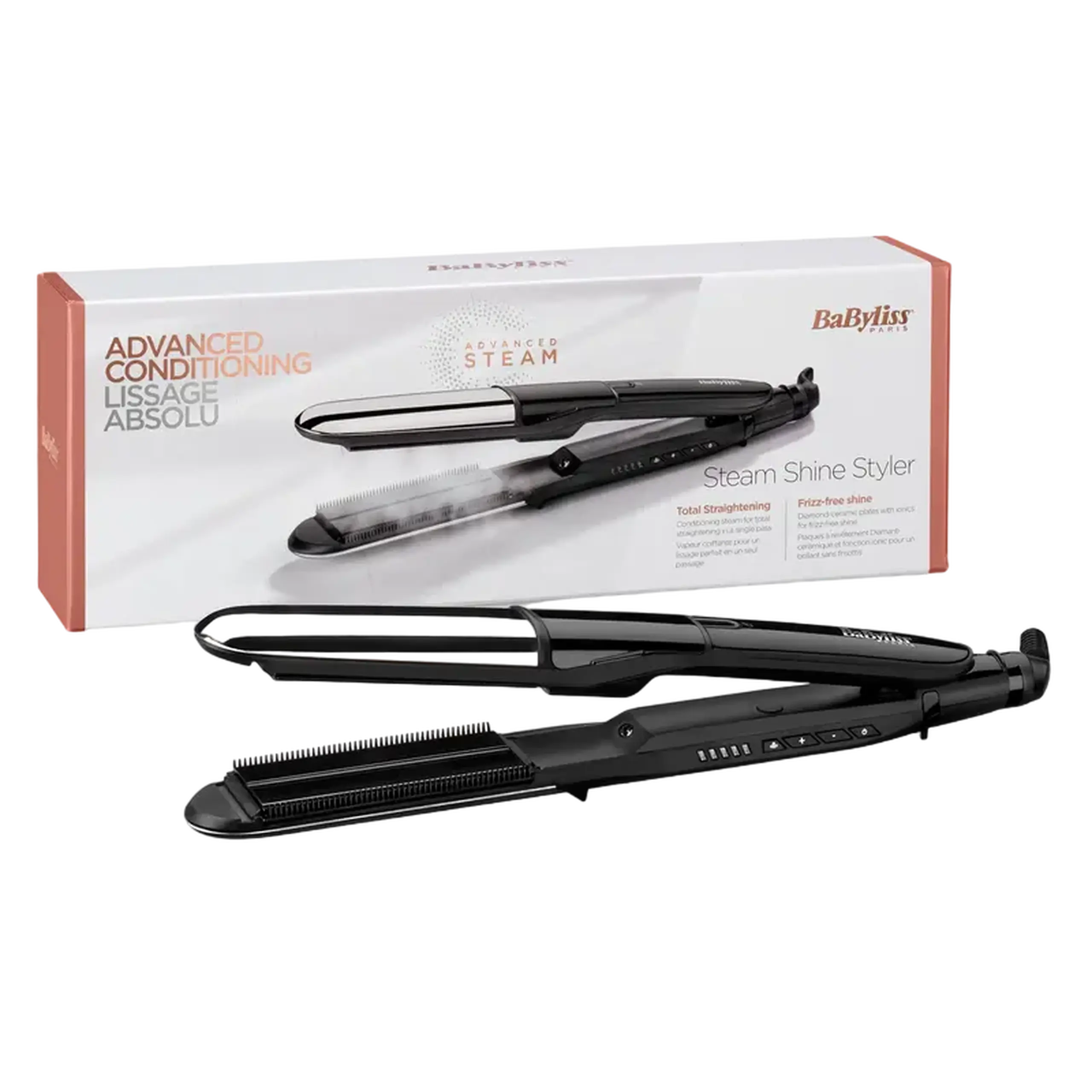 Placă de îndreptat părul BaByliss 2 in 1 Steam Shine ST496E, Negru