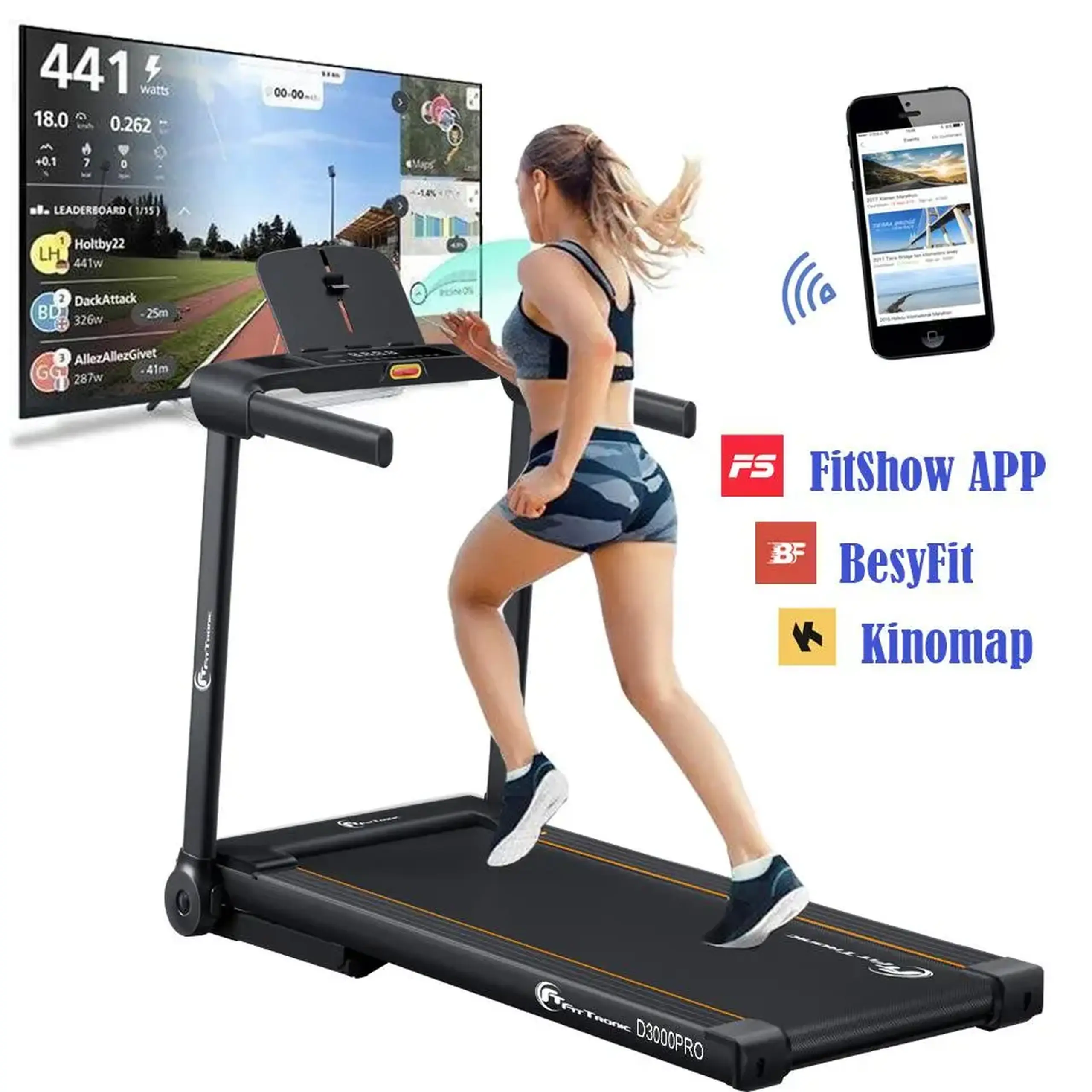 Banda de alergare electrica FitTronic Delta 3000 PRO, motor 2.0 CP, inclinatie electrica 20%, greutate suportata 120 kg, Aplicatii Zwift, Kinomap, Besyfit