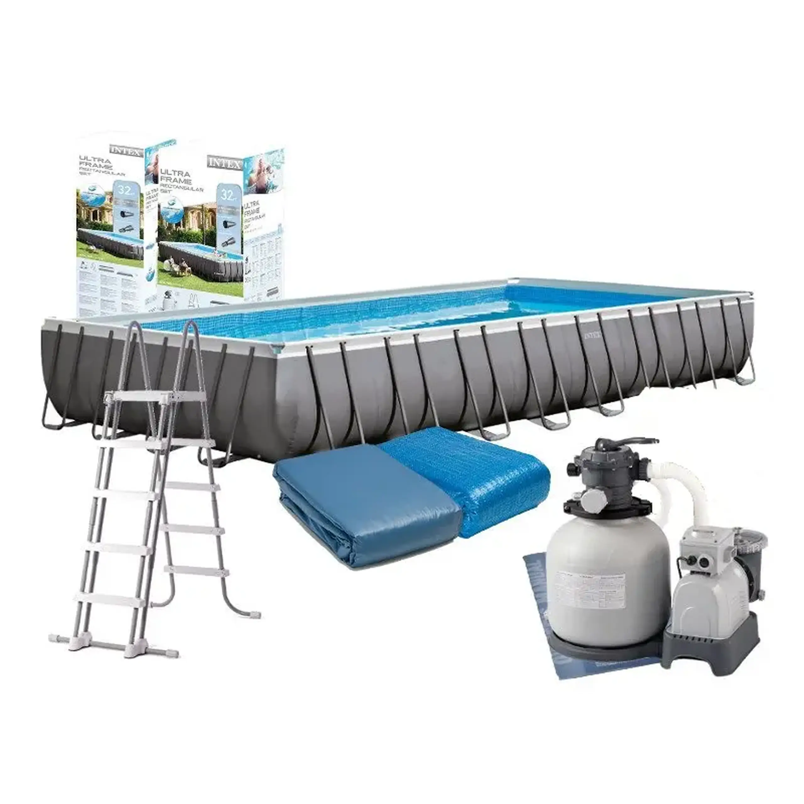 Piscina Intex 26378NP Prism Ultra Frame Set, pompa + Kit mentenata, scara, panou protectie si fileu volei inclus, 975 x 488 cm